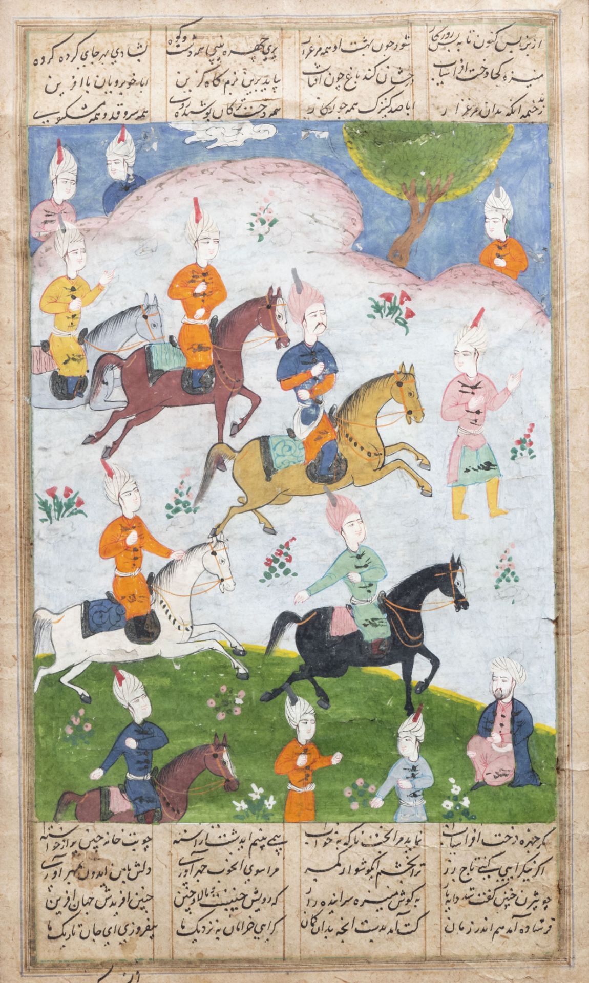 Six large Persian miniature paintings depicting hunting, tournament and war, Iran, 19th/20th C. - Image 6 of 10