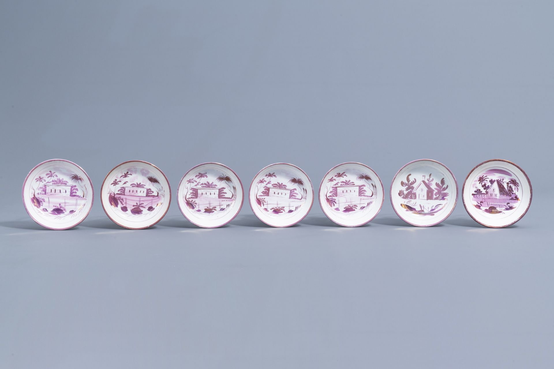 A varied collection of English pink lustreware items with a cottage in a landscape, 19th C. - Image 8 of 50