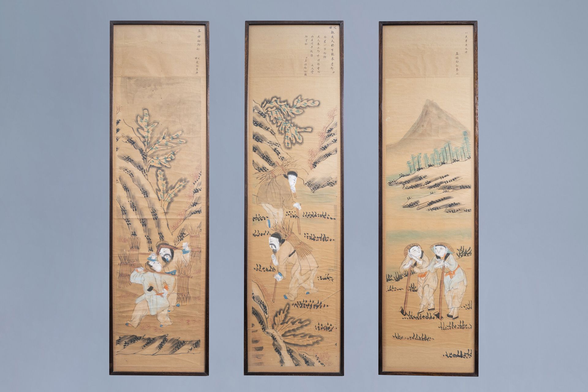 Three Chinese framed prints with cultivation scenes, 19th/20th C.