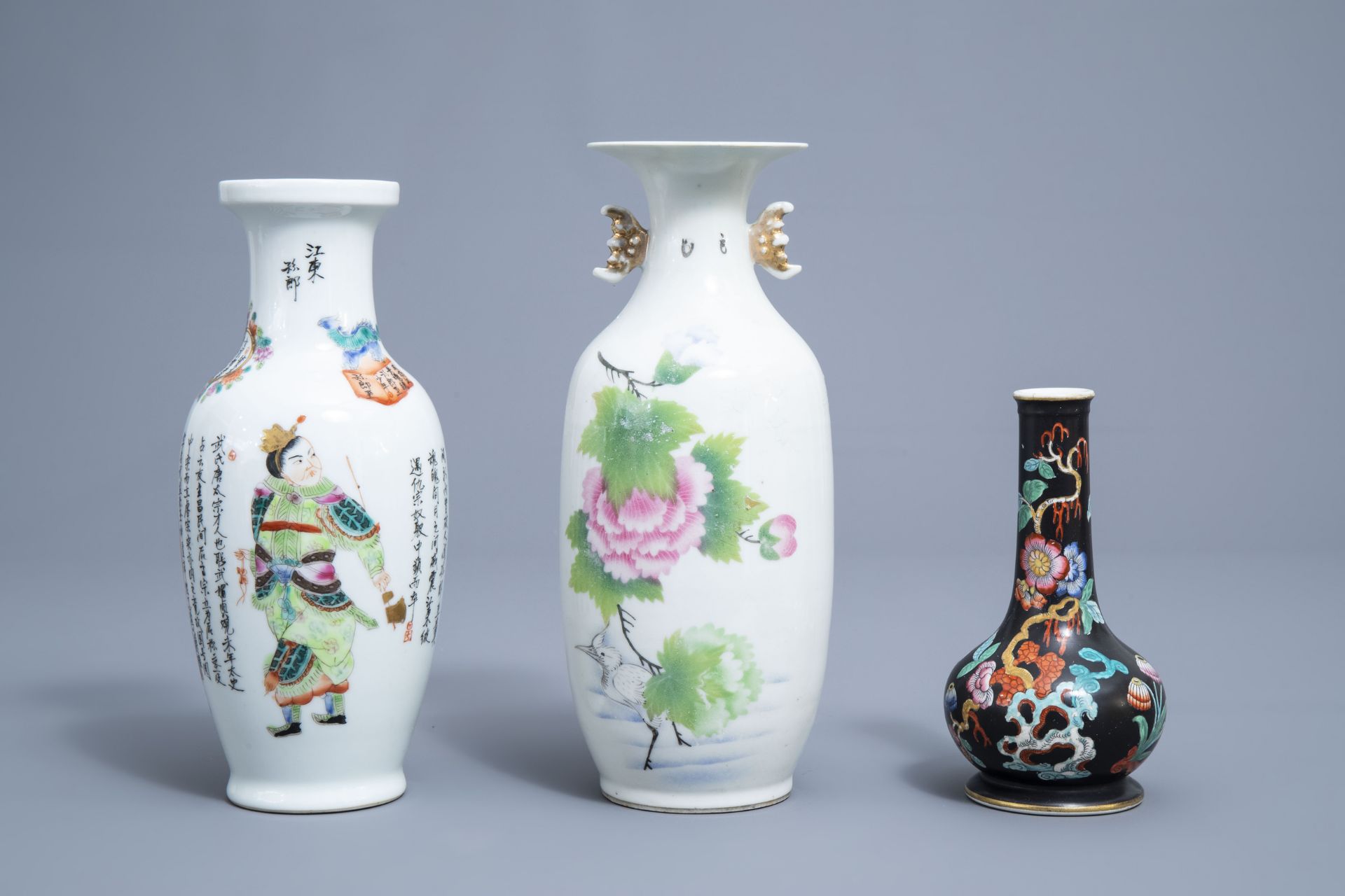 Three Chinese famille rose vases and a jar and cover with figures in a landscape, 19th/20th C. - Image 2 of 14