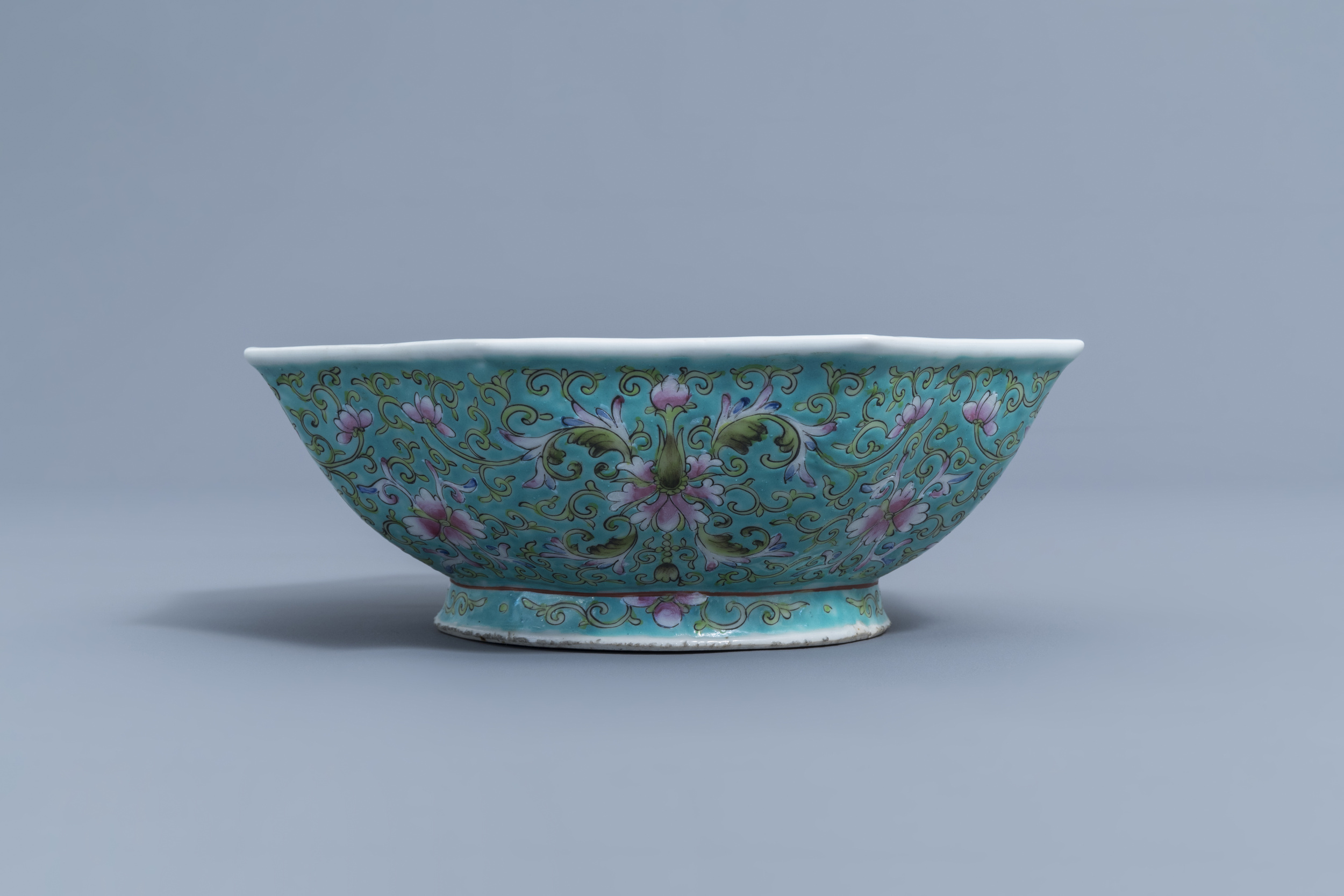 Two Chinese famille rose jardinires and a bowl with floral design, 20th C. - Image 10 of 15