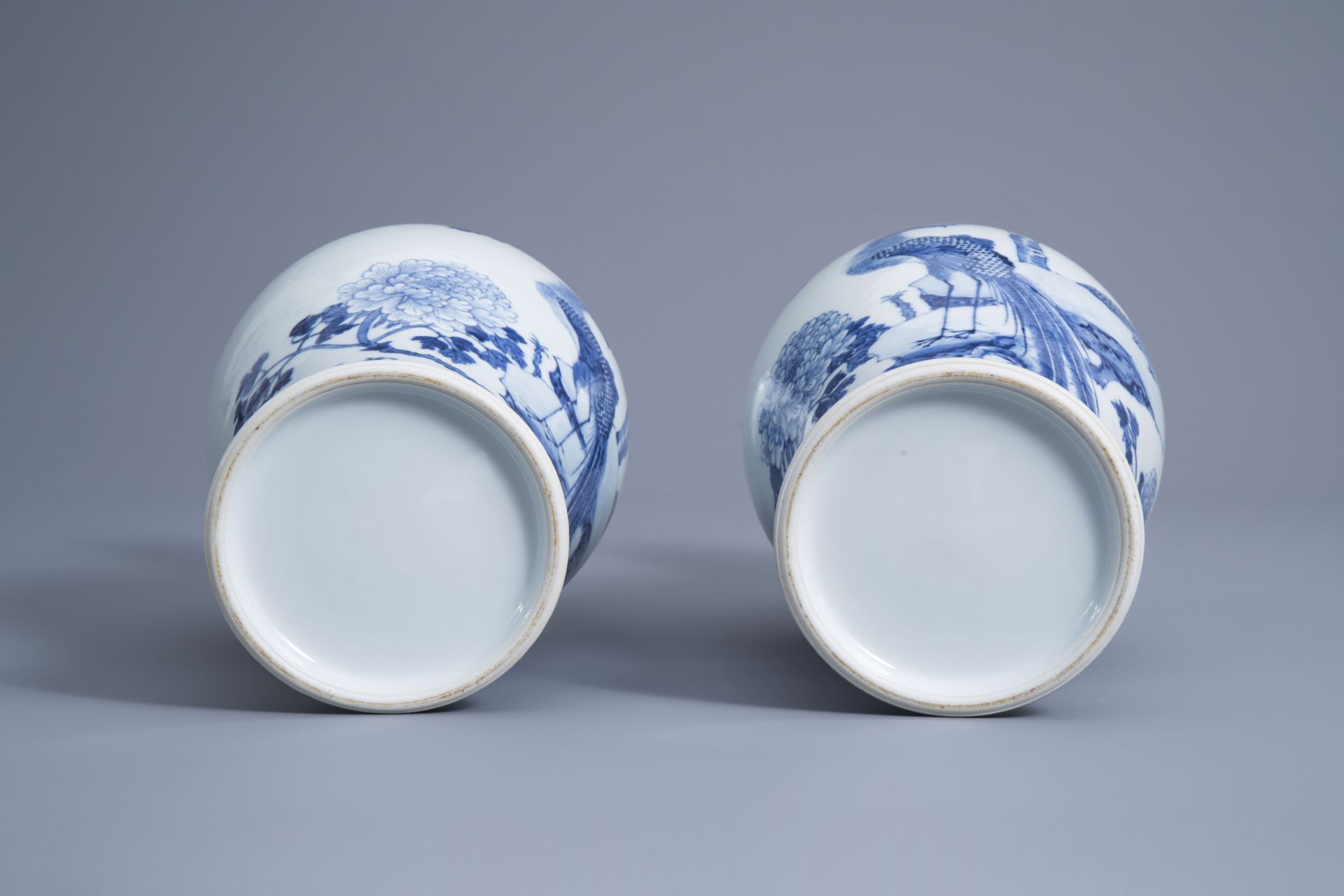 A pair of Chinese blue and white 'phoenix' vases, Republic, 20th C. - Image 6 of 6