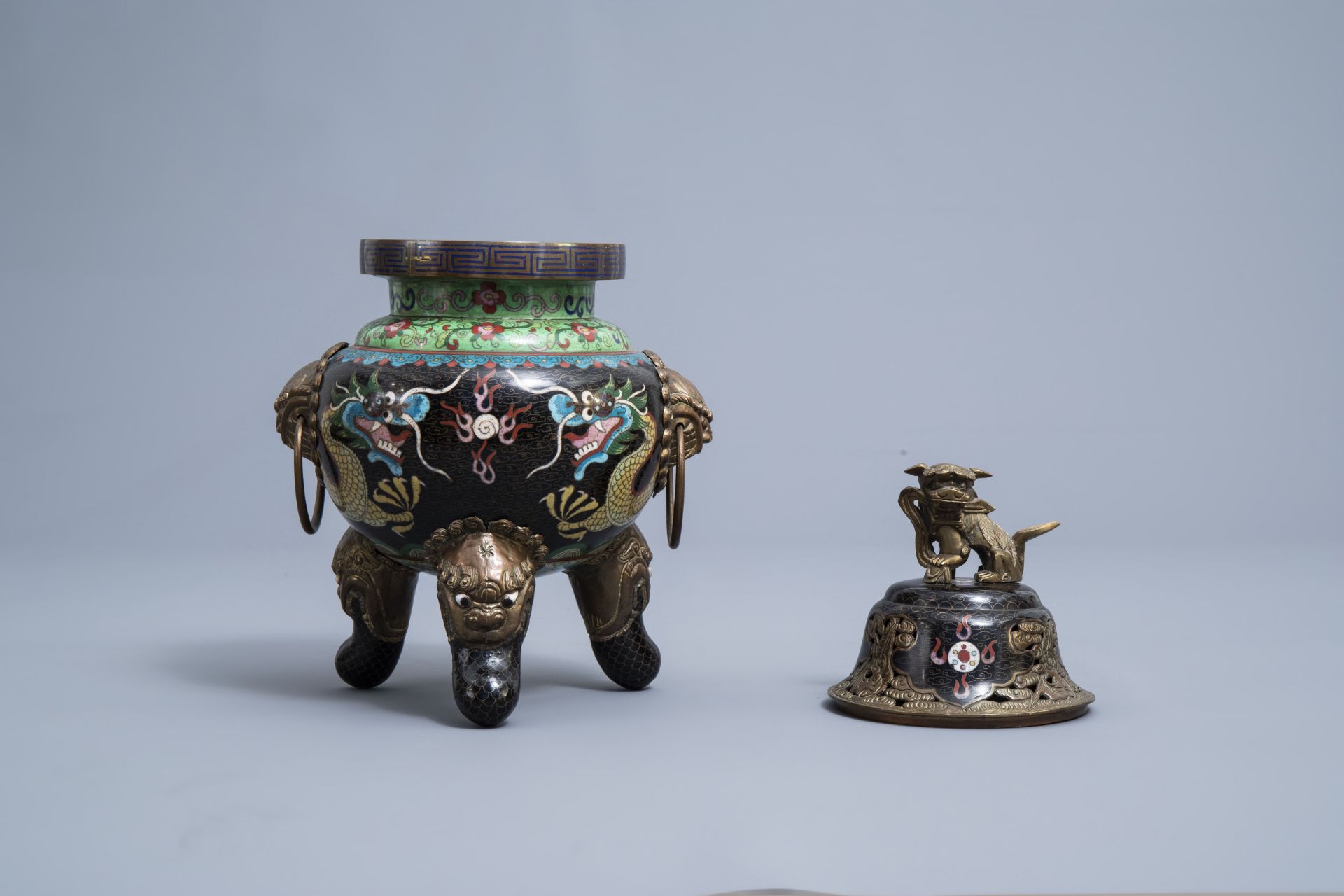A Chinese cloisonne incense burner and two pairs of vases with dragon design, 20th C. - Image 8 of 19