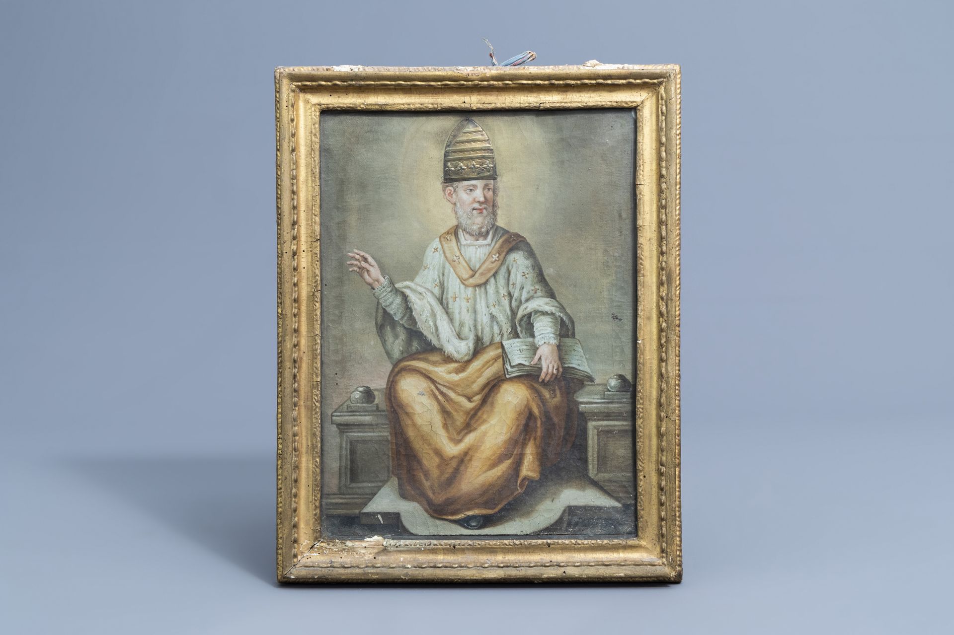 Italian school: Pope Sylvester I, mixed media on canvas, 18th C. - Image 2 of 7