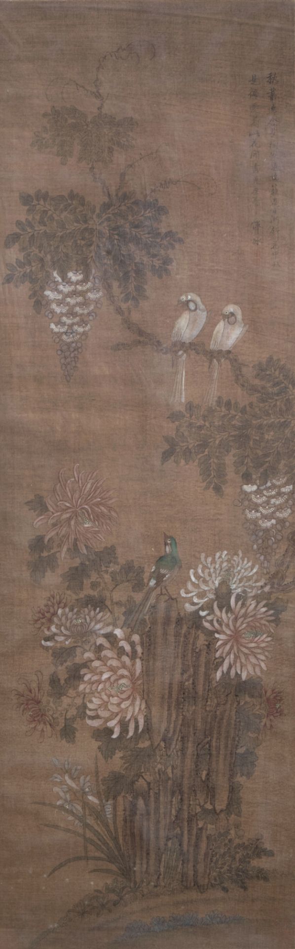 Chinese school, ink and colours on silk, 19th C.: Birds among flowery branches