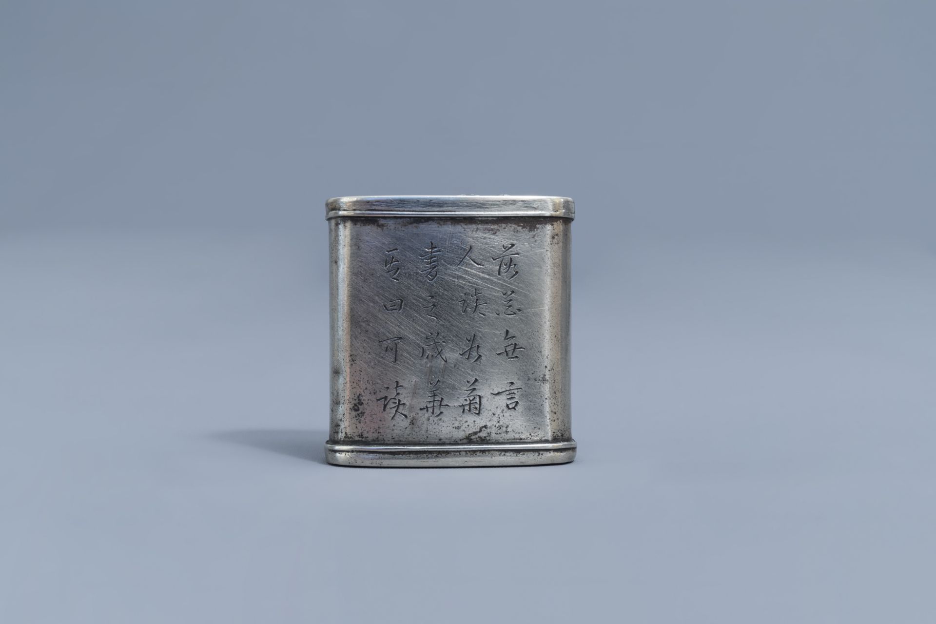 A Chinese paktong opium box and cover with an erotical scene, ca. 1900 - Image 4 of 13