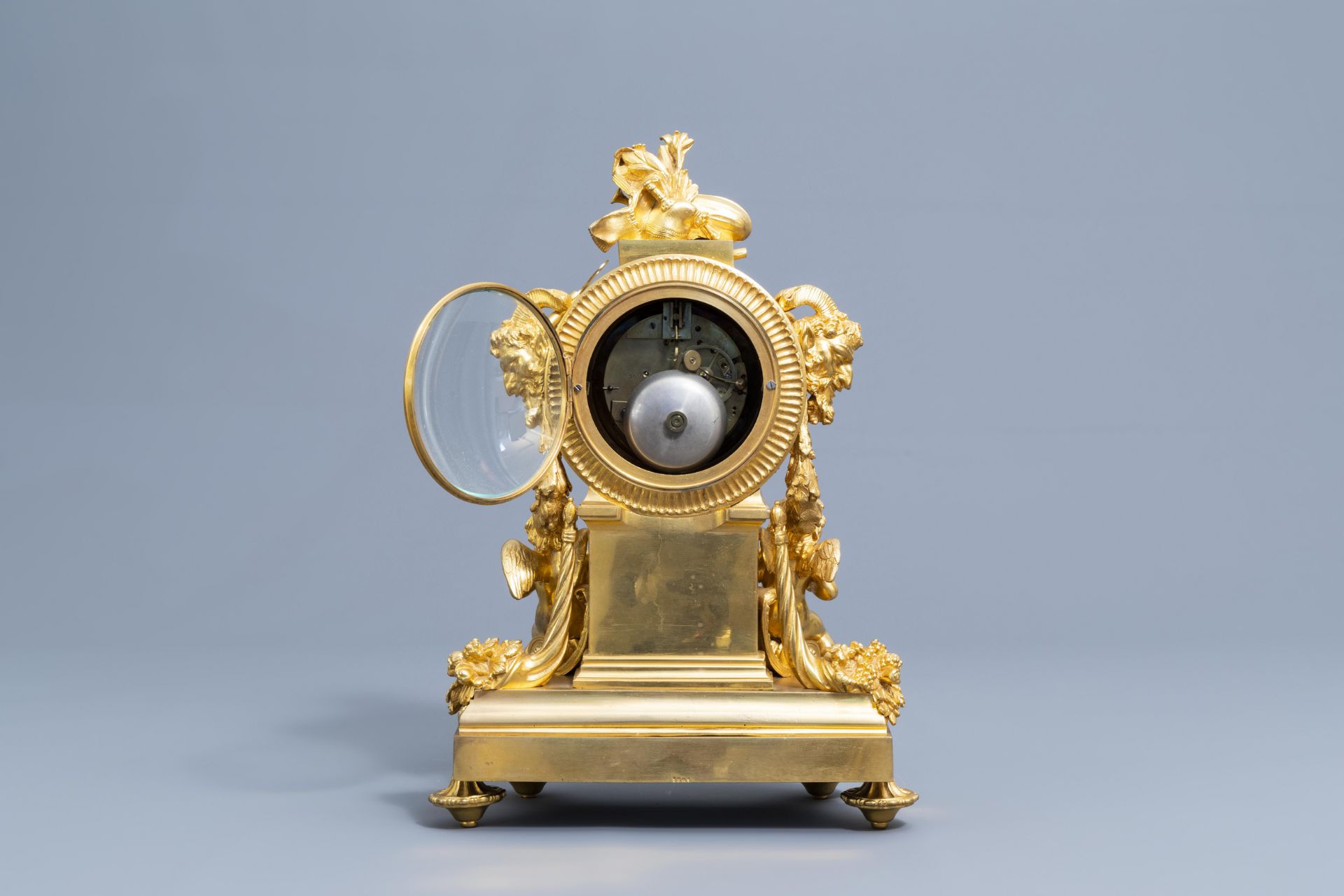 A French gilt bronze mounted Sevres style clock and a pair of Louis XV style candelabra, 19th C. - Image 7 of 23