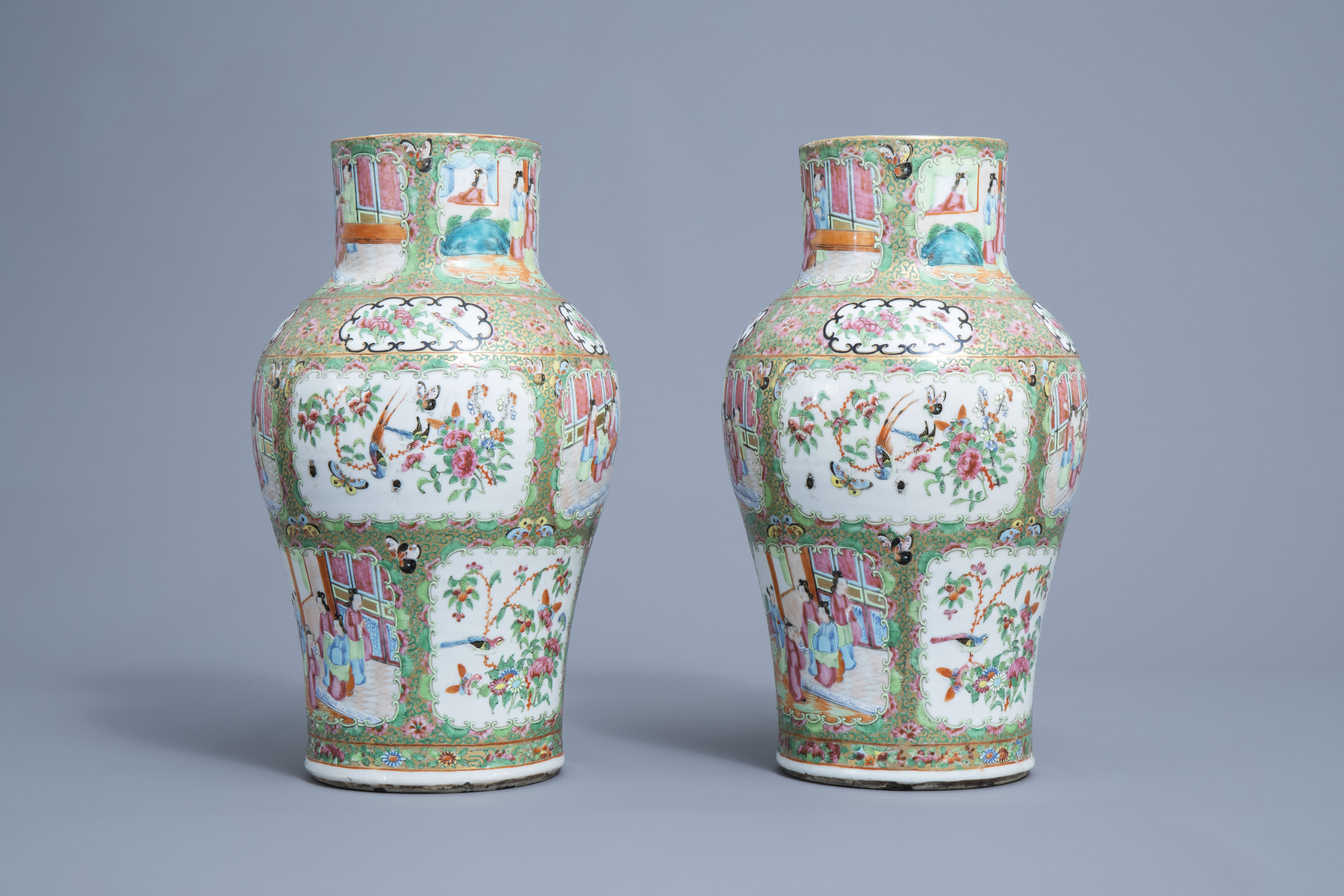 A pair of Chinese Canton famille rose vases and covers, 19th C. - Image 4 of 14