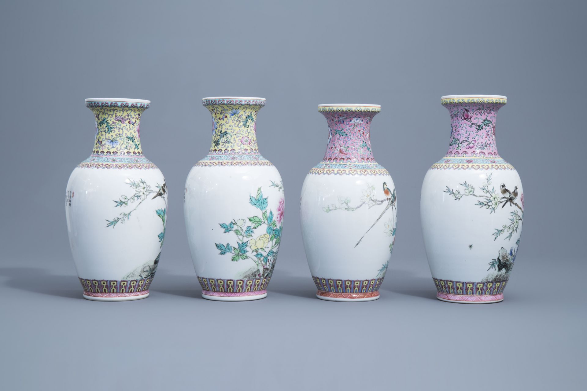 A varied collection of nine Chinese famille rose vases, 20th C. - Image 3 of 20