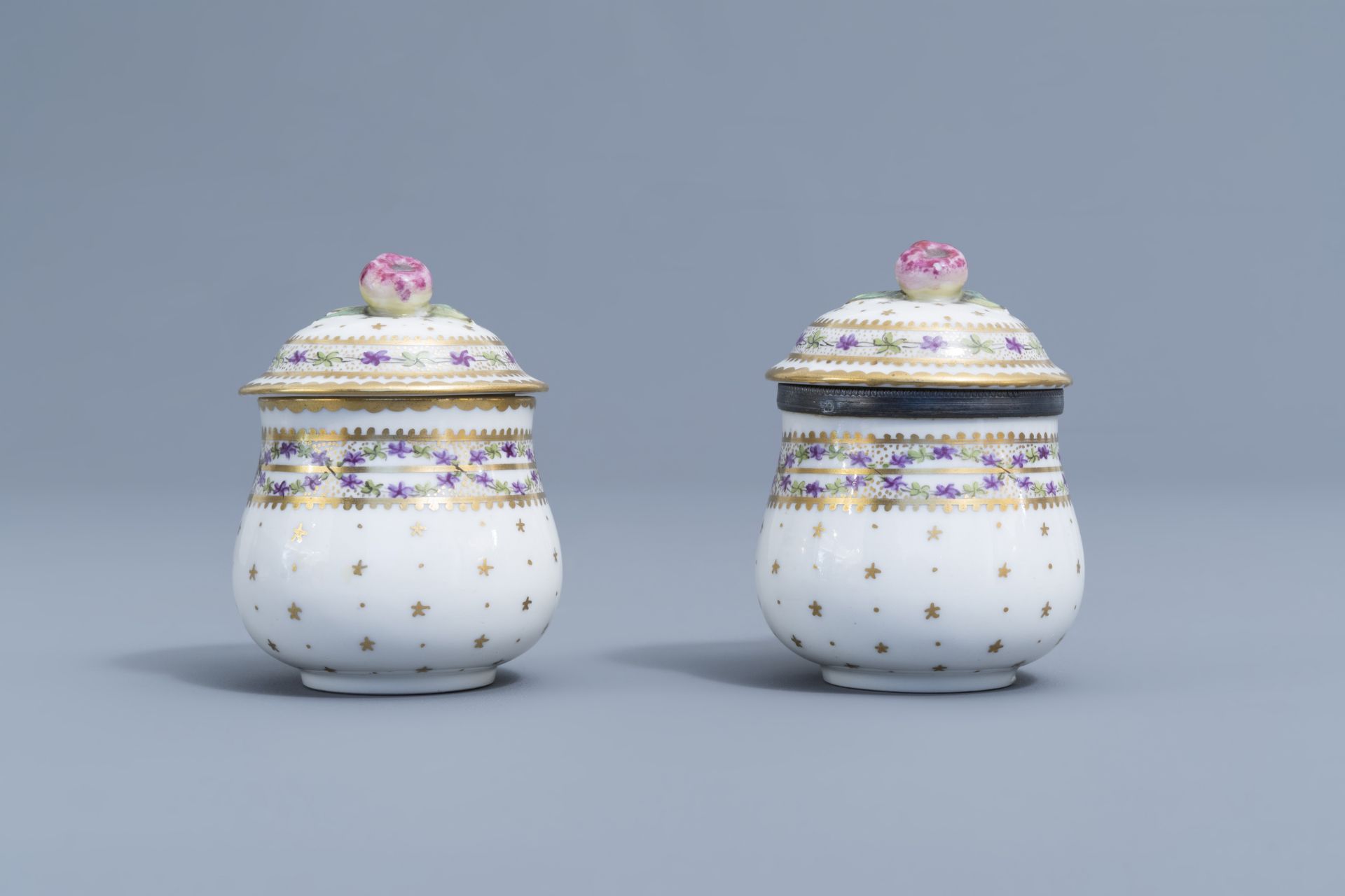 A pair of bue and white faience fine salts and five cream jars, Luxemburg and France, 18th/19th C. - Image 25 of 46