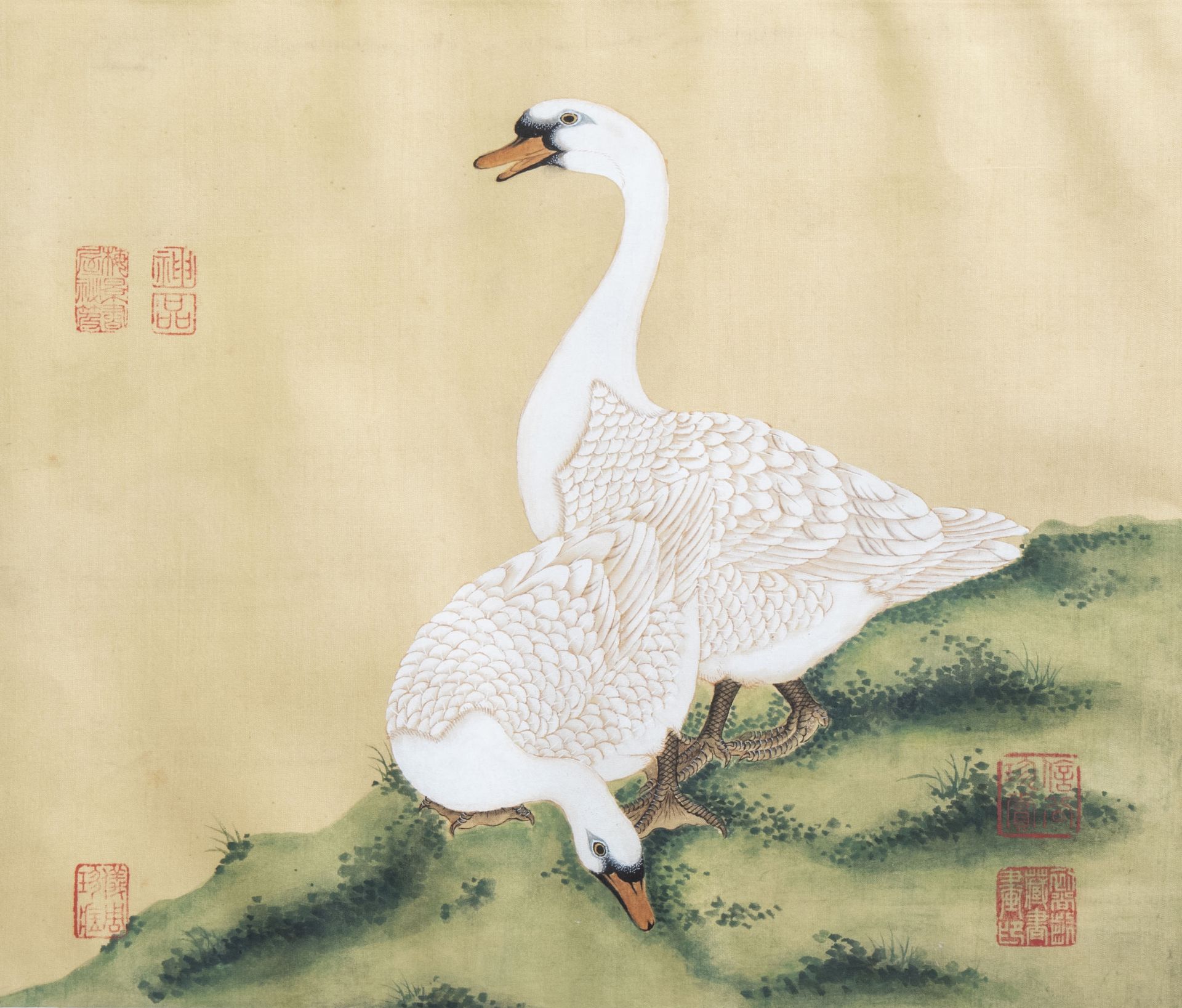 Chinese school, ink and colours on silk, 19th/20th C.: Ten paintings of birds between blossoms - Image 2 of 62