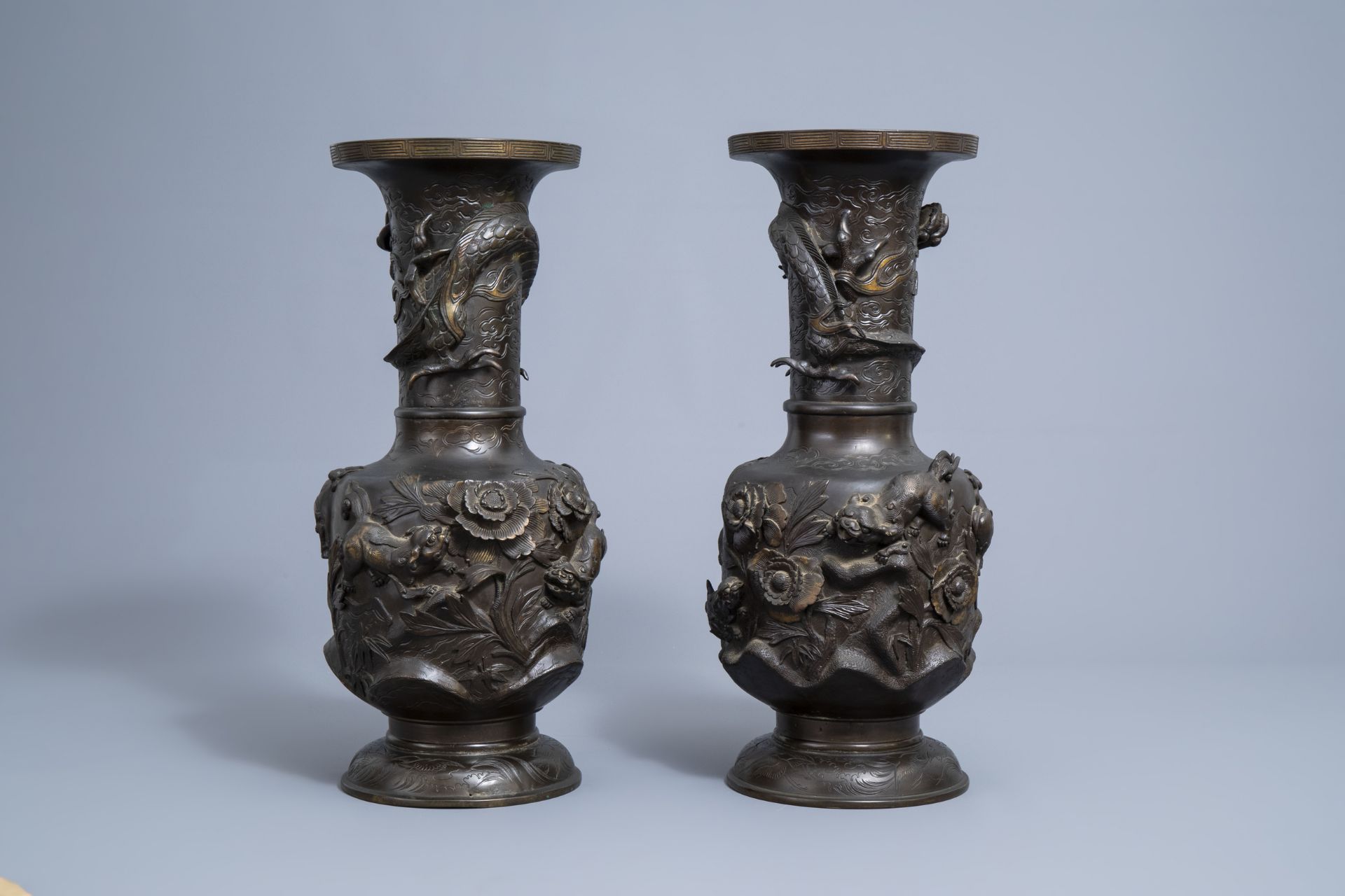 A pair of impressive Japanese partly gilt bronze vases with Gagneau mounts, Meiji, 19th C. - Image 14 of 40