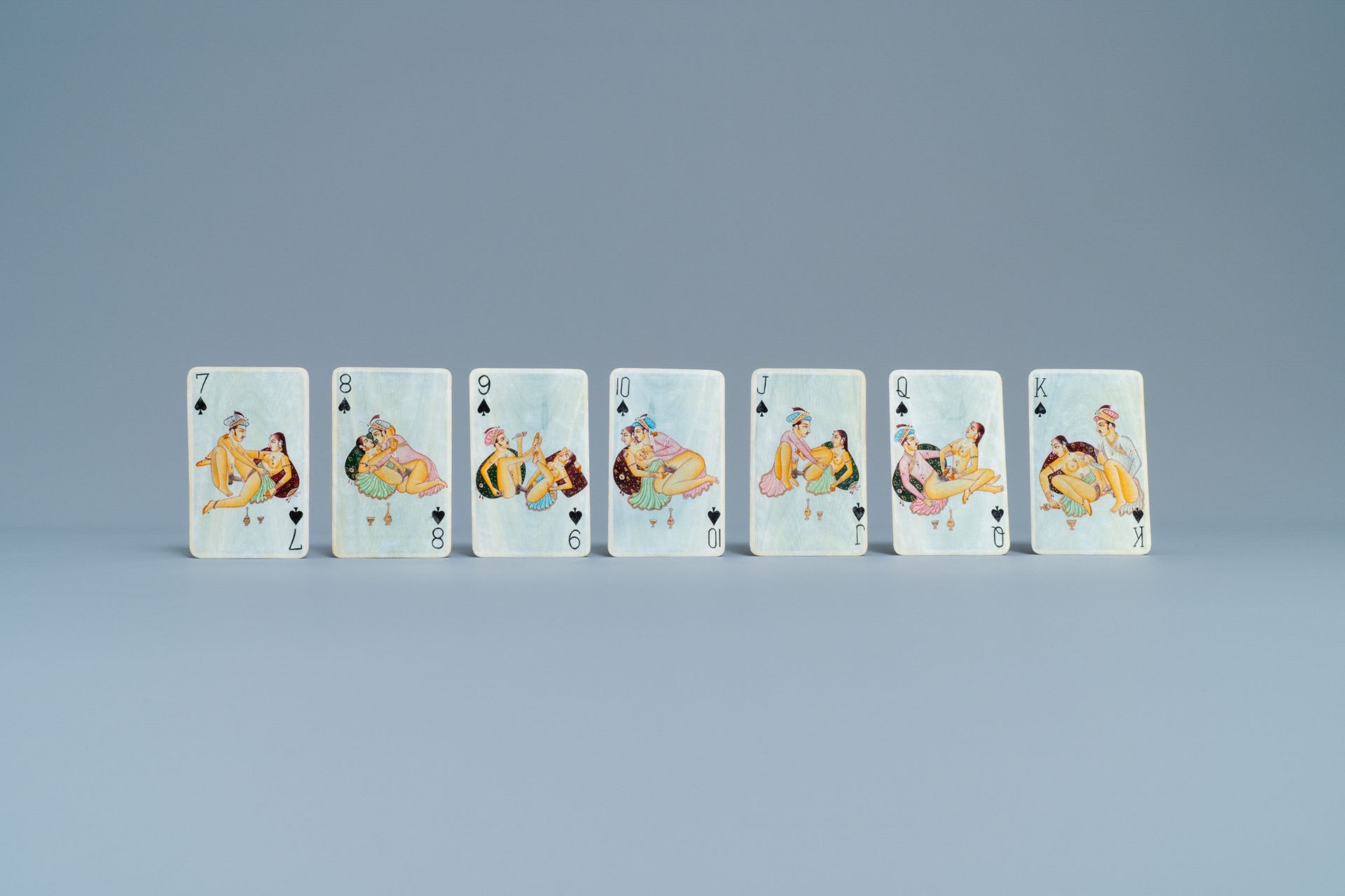 A complete playing cards set with erotic miniatures on ivory, India, early 20th C. - Image 4 of 17