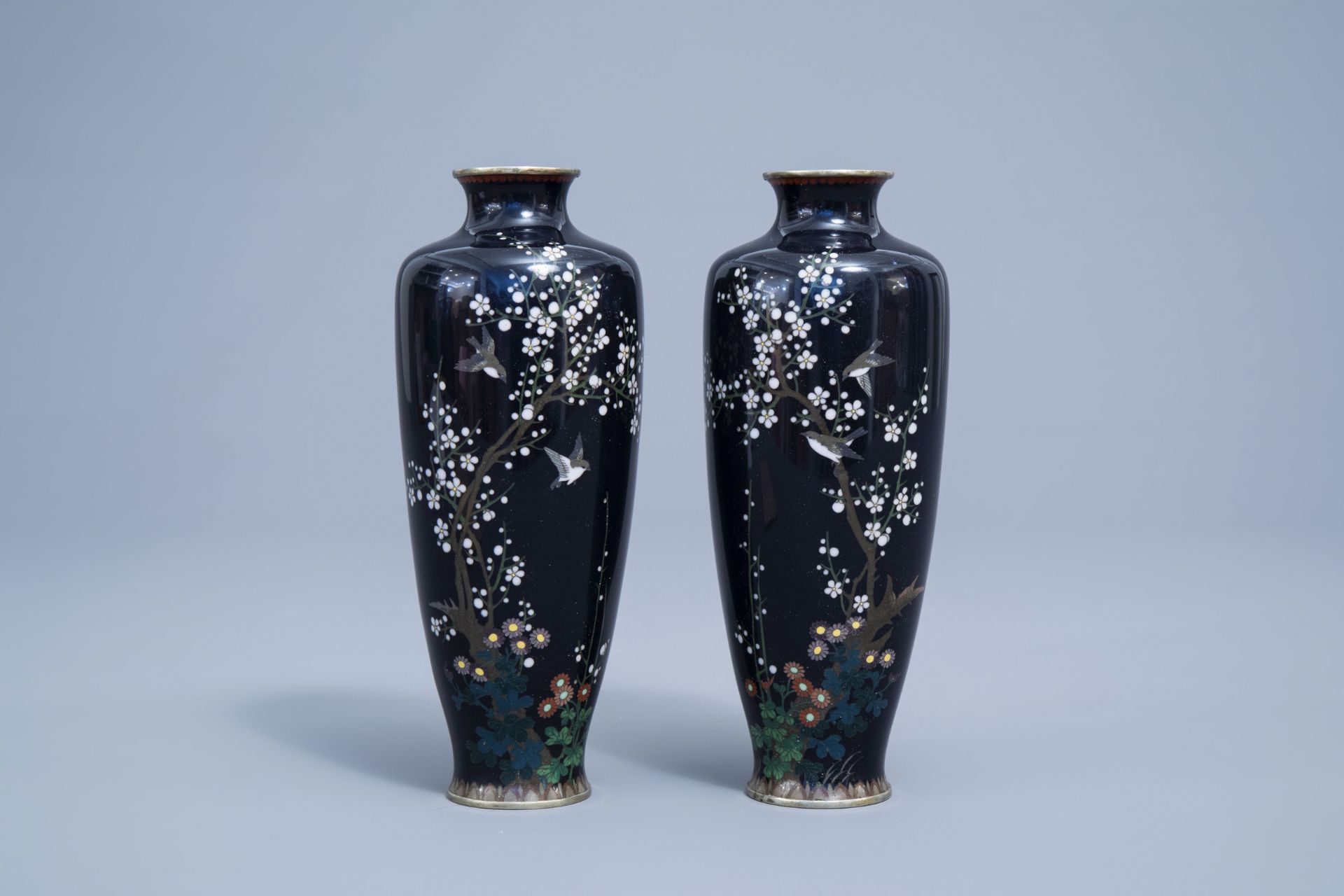 A pair of fine Japanese cloisonne vases with birds among blossoming branches, Meiji, 19th C. - Image 2 of 7