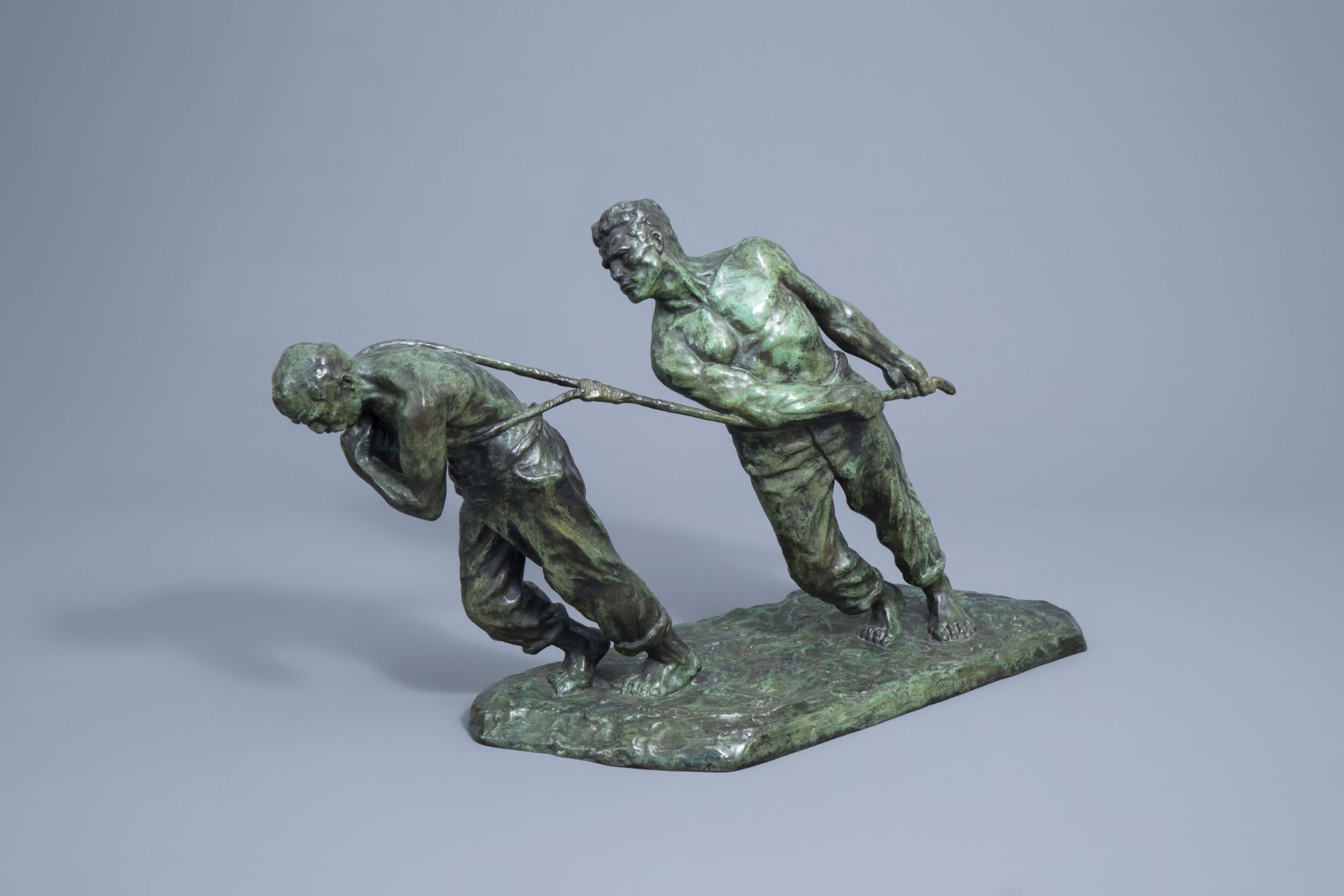 Victor Demanet (1895-1964): 'Les haleurs', green patinated bronze