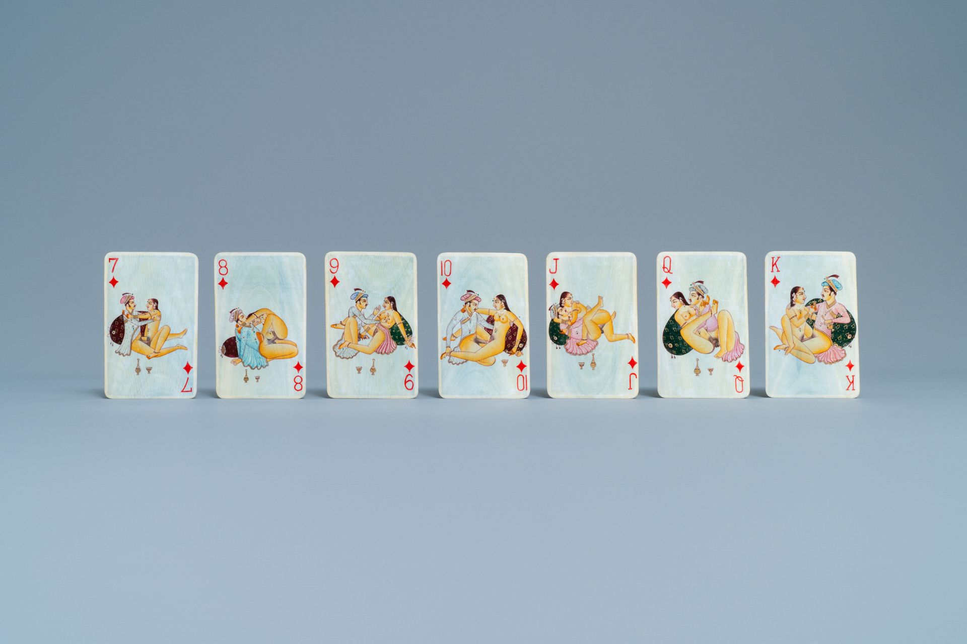 A complete playing cards set with erotic miniatures on ivory, India, early 20th C. - Image 16 of 17