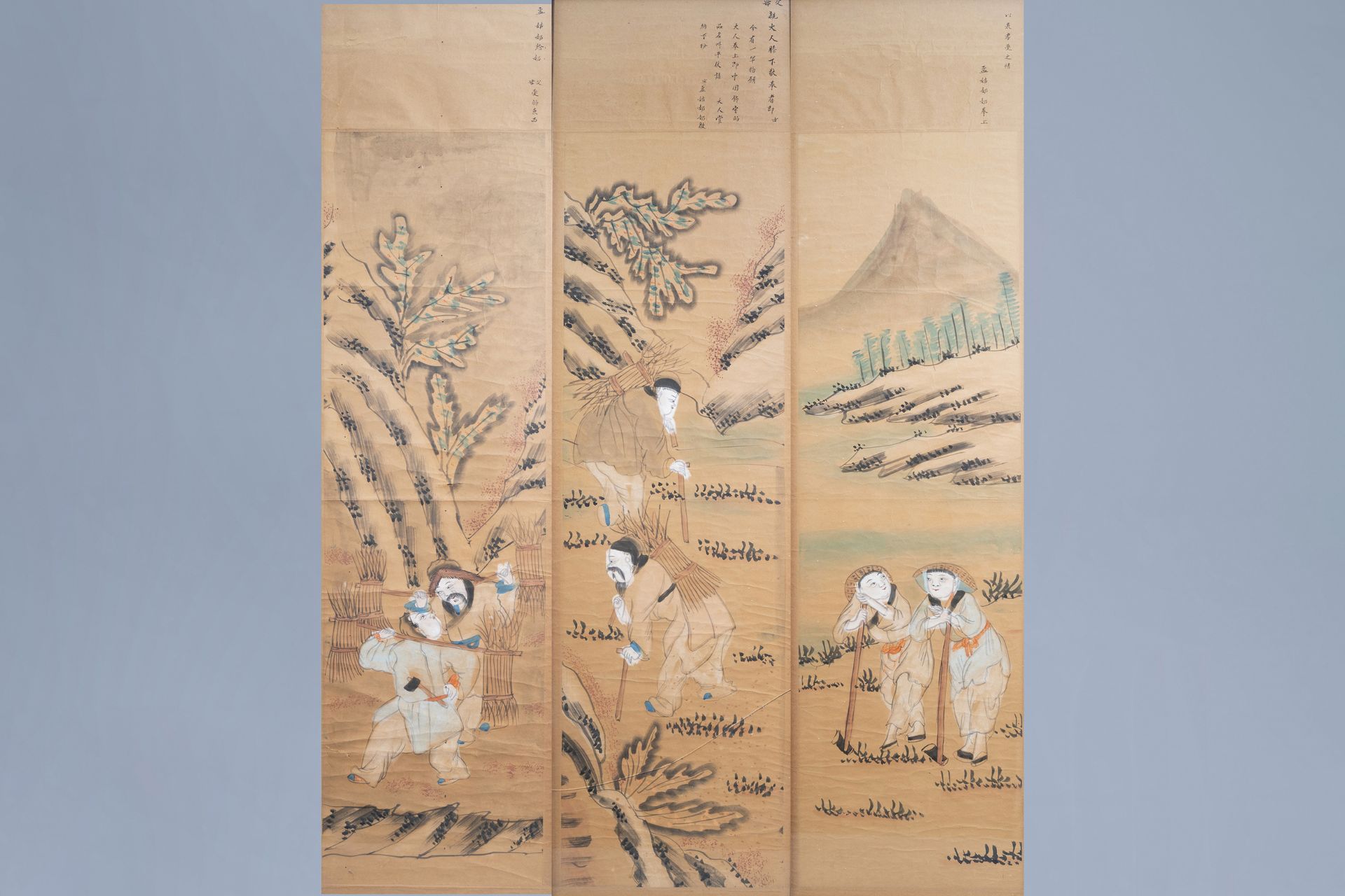 Three Chinese framed prints with cultivation scenes, 19th/20th C. - Image 2 of 12