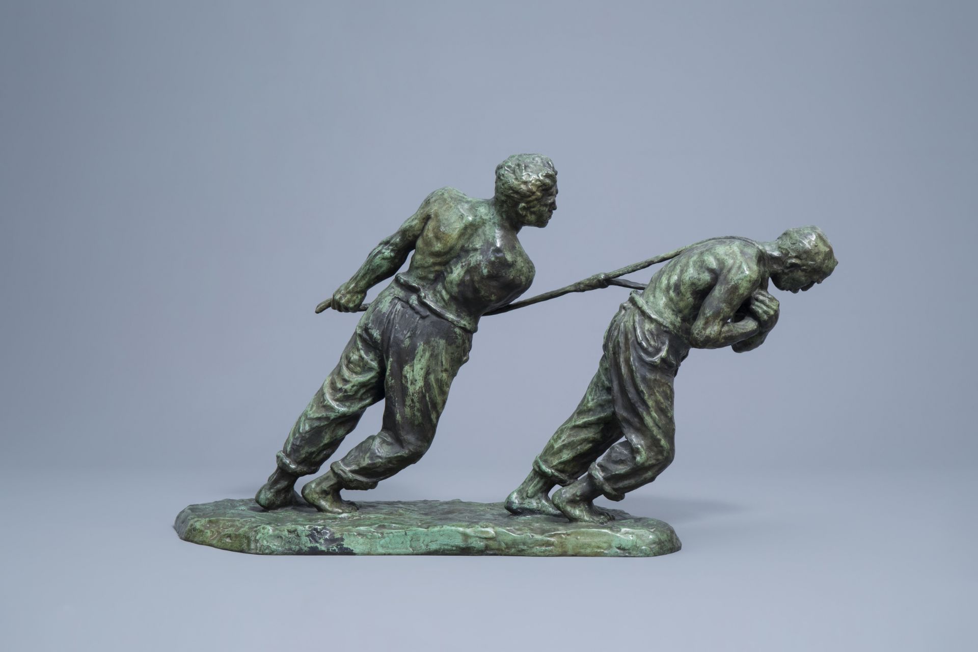 Victor Demanet (1895-1964): 'Les haleurs', green patinated bronze - Image 3 of 11