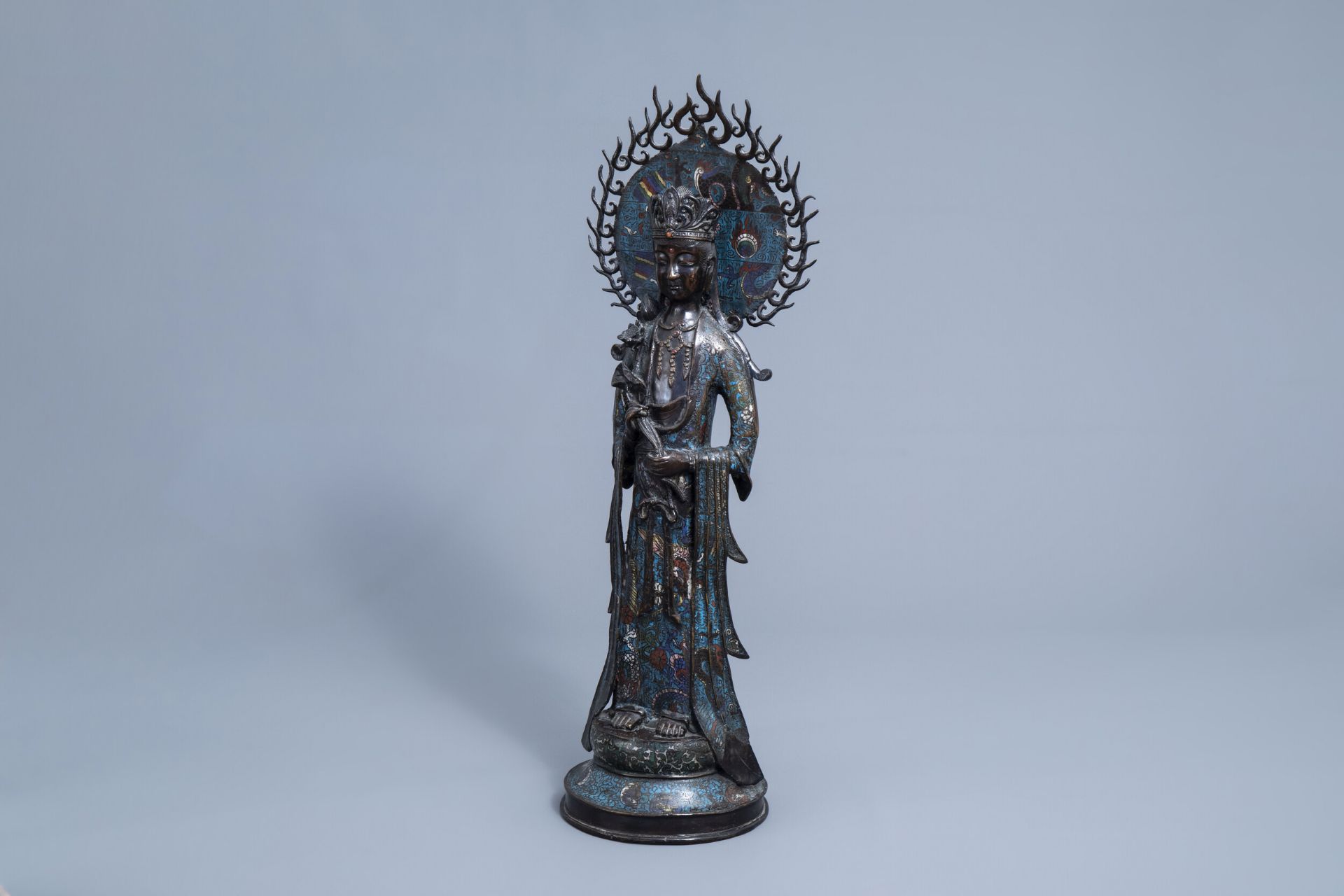 A very tall Japanese champleve enamel and bronze figure of Kannon, Meiji, 19th/20th C.