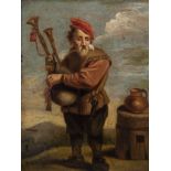 Flemish school, follower of Abraham Teniers (1629-1670): A peasant playing a bagpipe, 18th C.