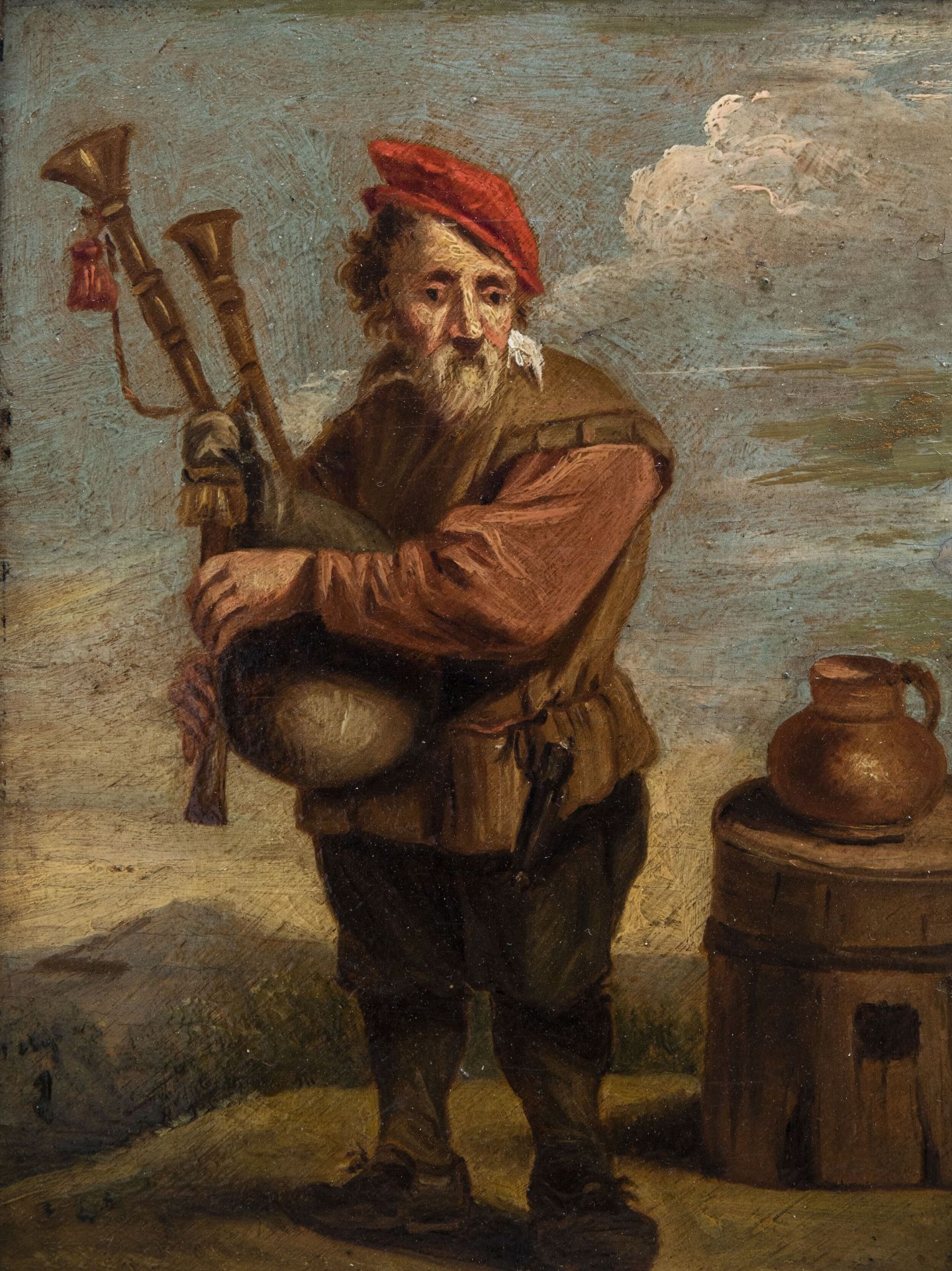 Flemish school, follower of Abraham Teniers (1629-1670): A peasant playing a bagpipe, 18th C.