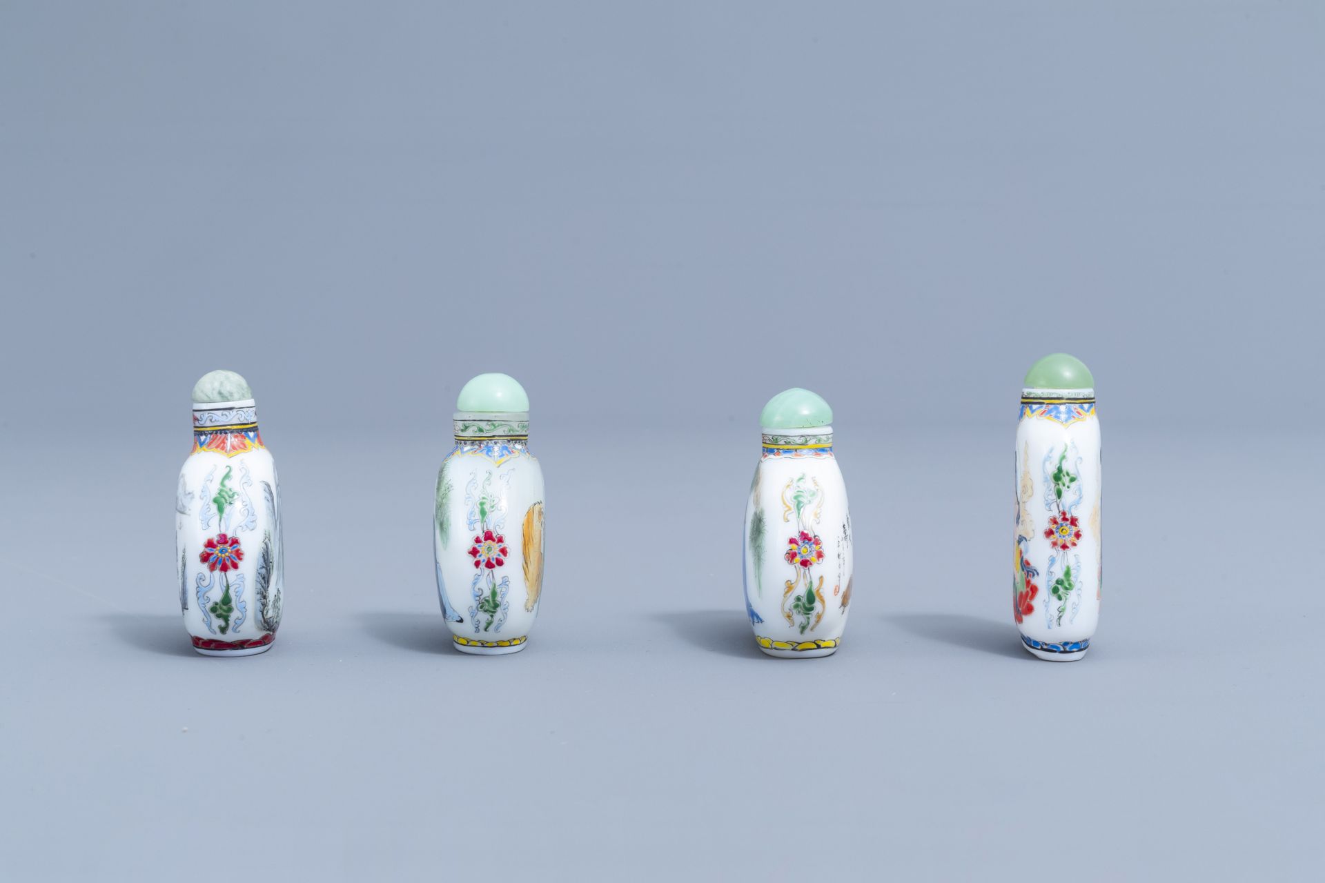 Two Chinese reverse-painted glass snuff bottles and four in enamelled glass, 20th C. - Image 4 of 4