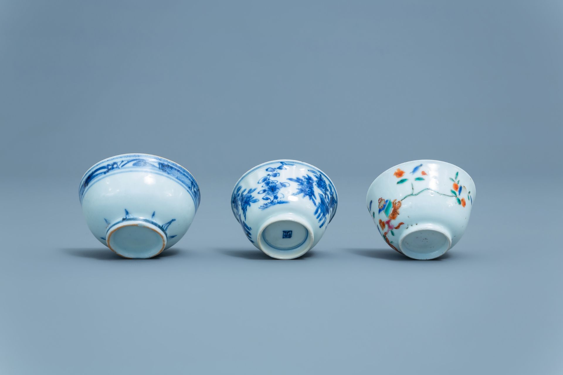 Three Chinese blue, white and famille rose cups and three saucers, Kangxi and later - Image 18 of 18