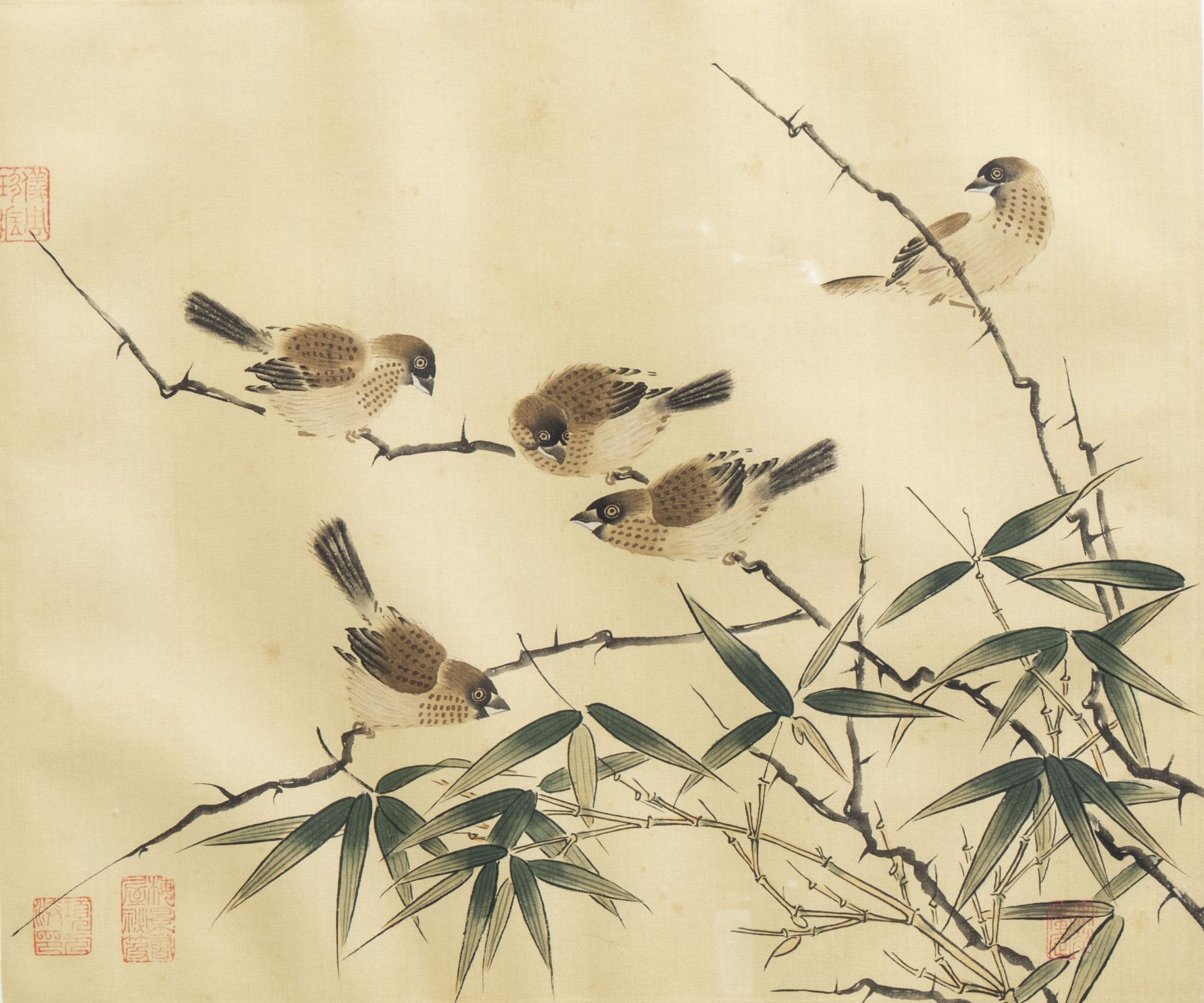 Chinese school, ink and colours on silk, 19th/20th C.: Ten paintings of birds between blossoms - Image 19 of 62