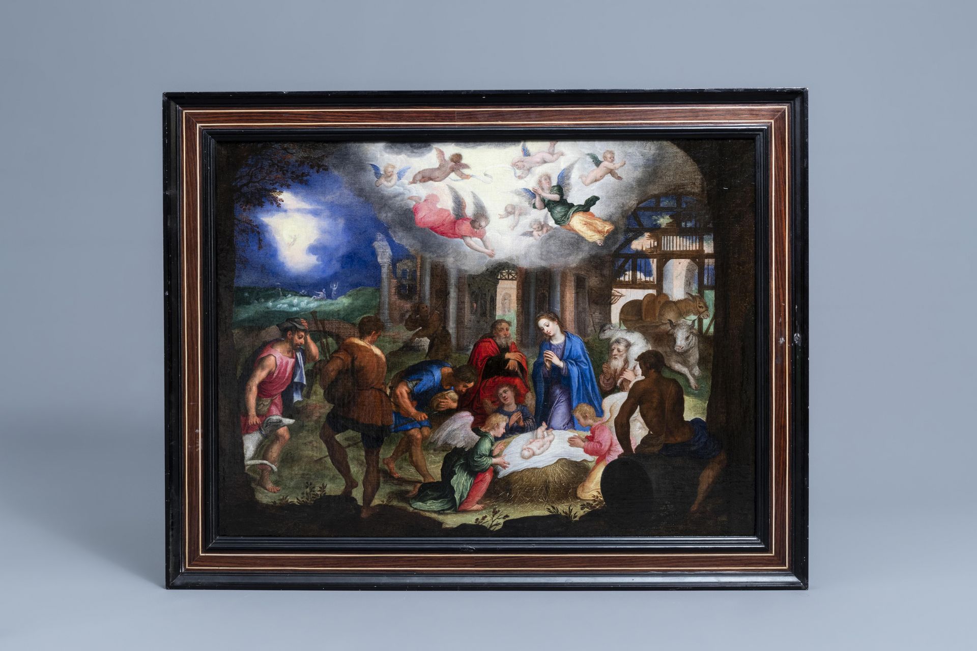 Venetian school: The adoration of the shepherds, oil on canvas, late 16th C. - Image 2 of 6