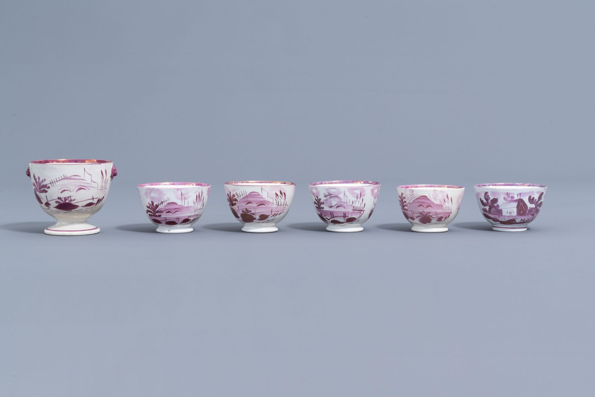 A varied collection of English pink lustreware items with a cottage in a landscape, 19th C. - Image 15 of 50