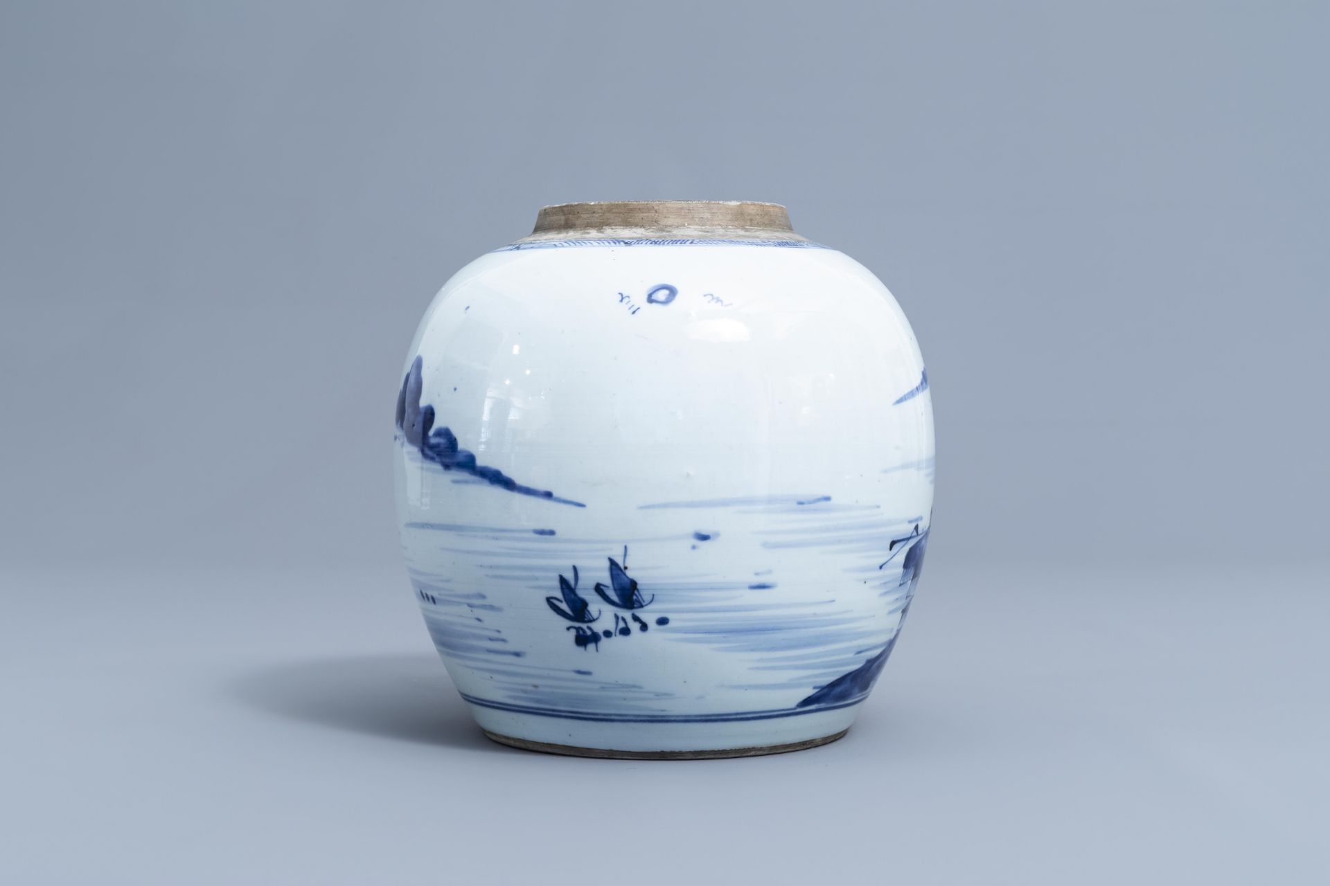 A Dutch Delft blue and white tobacco jar, a French jardinire and a Chinese ginger jar, 18th C. - Image 20 of 38