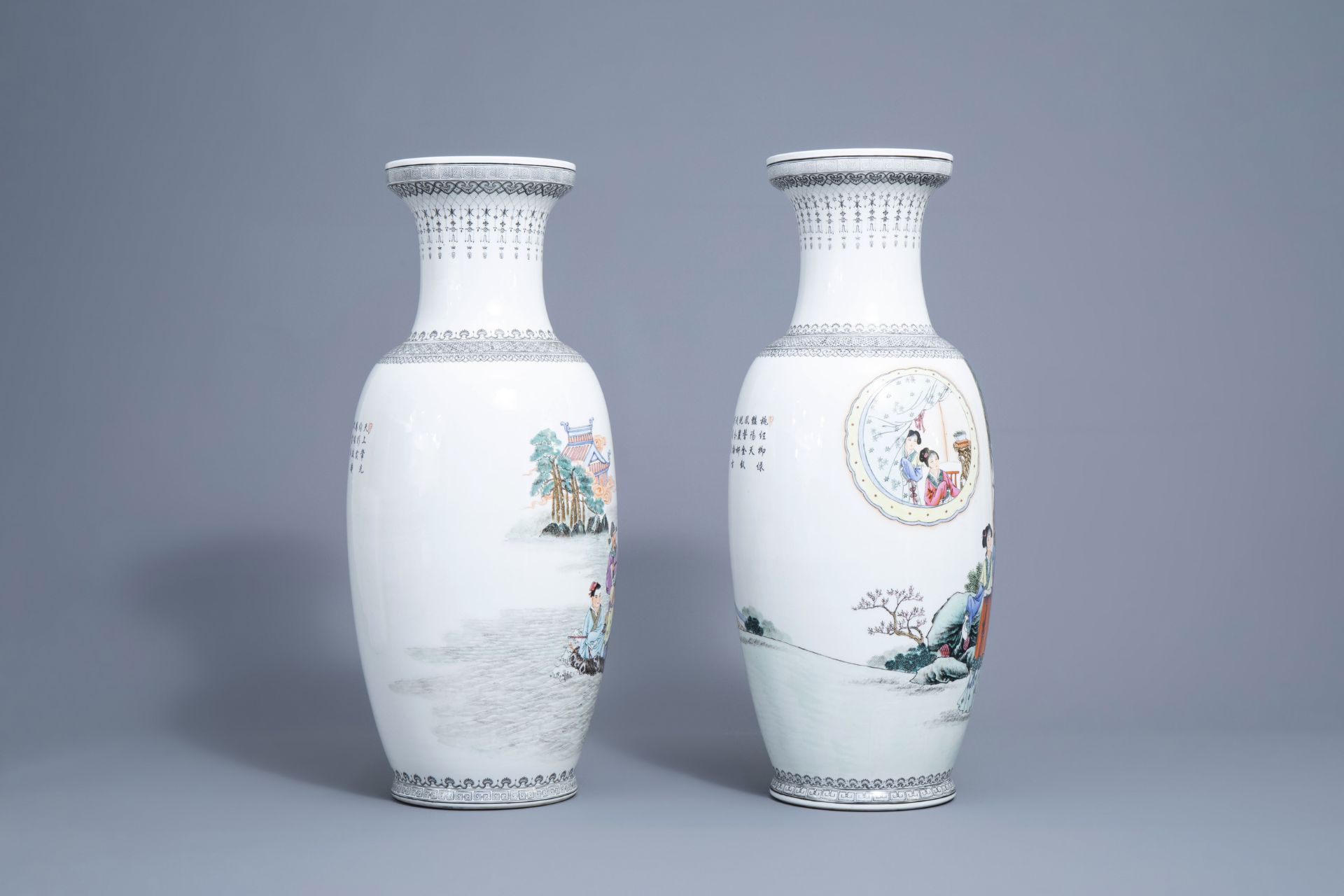 Two Chinese famille rose vases with Immortals and ladies, Qianlong mark, Republic, 20th C. - Image 2 of 6