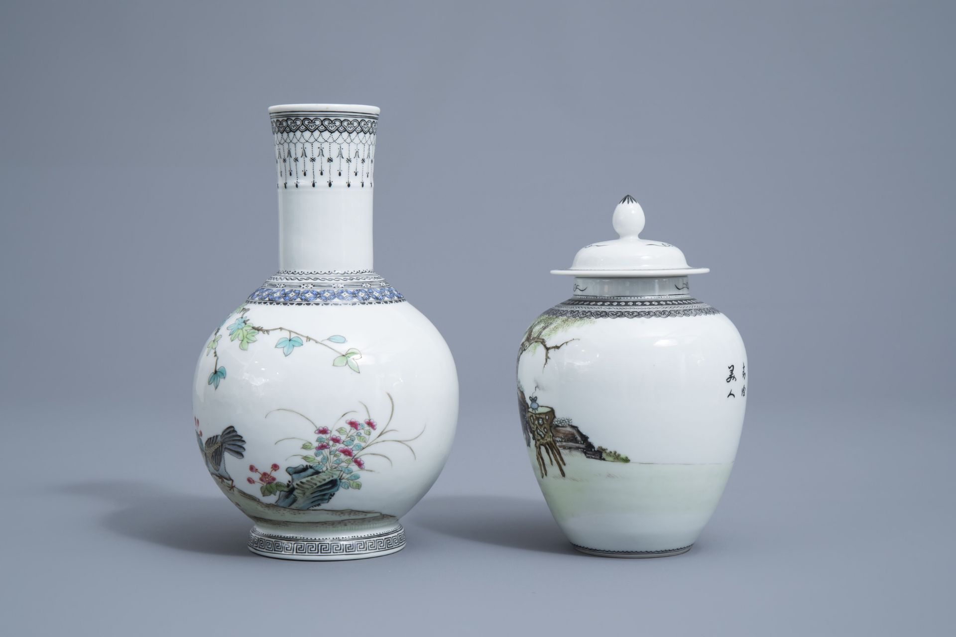 A Chinese famille rose vase with pigeons and a vase and cover with ladies, Republic, 20th C. - Image 4 of 6