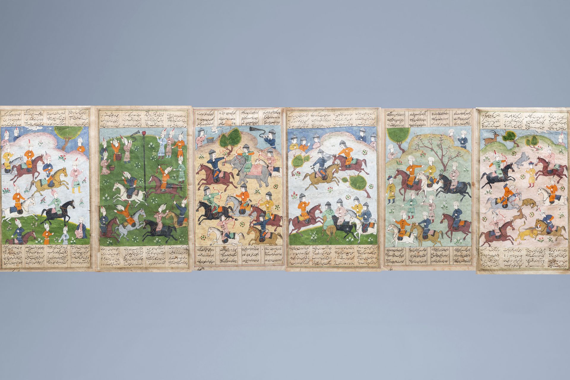 Six large Persian miniature paintings depicting hunting, tournament and war, Iran, 19th/20th C. - Image 4 of 10