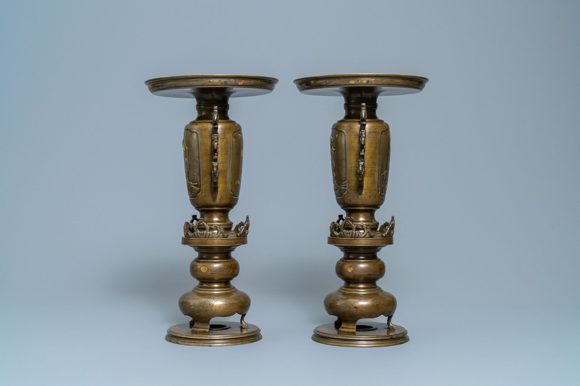 A pair of Japanese gold, silver and copper inlaid bronze usubata vases, Meiji, 19th C. - Image 4 of 6