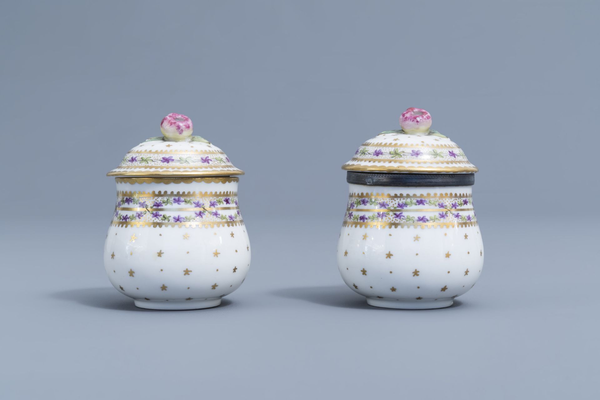 A pair of bue and white faience fine salts and five cream jars, Luxemburg and France, 18th/19th C. - Image 26 of 46