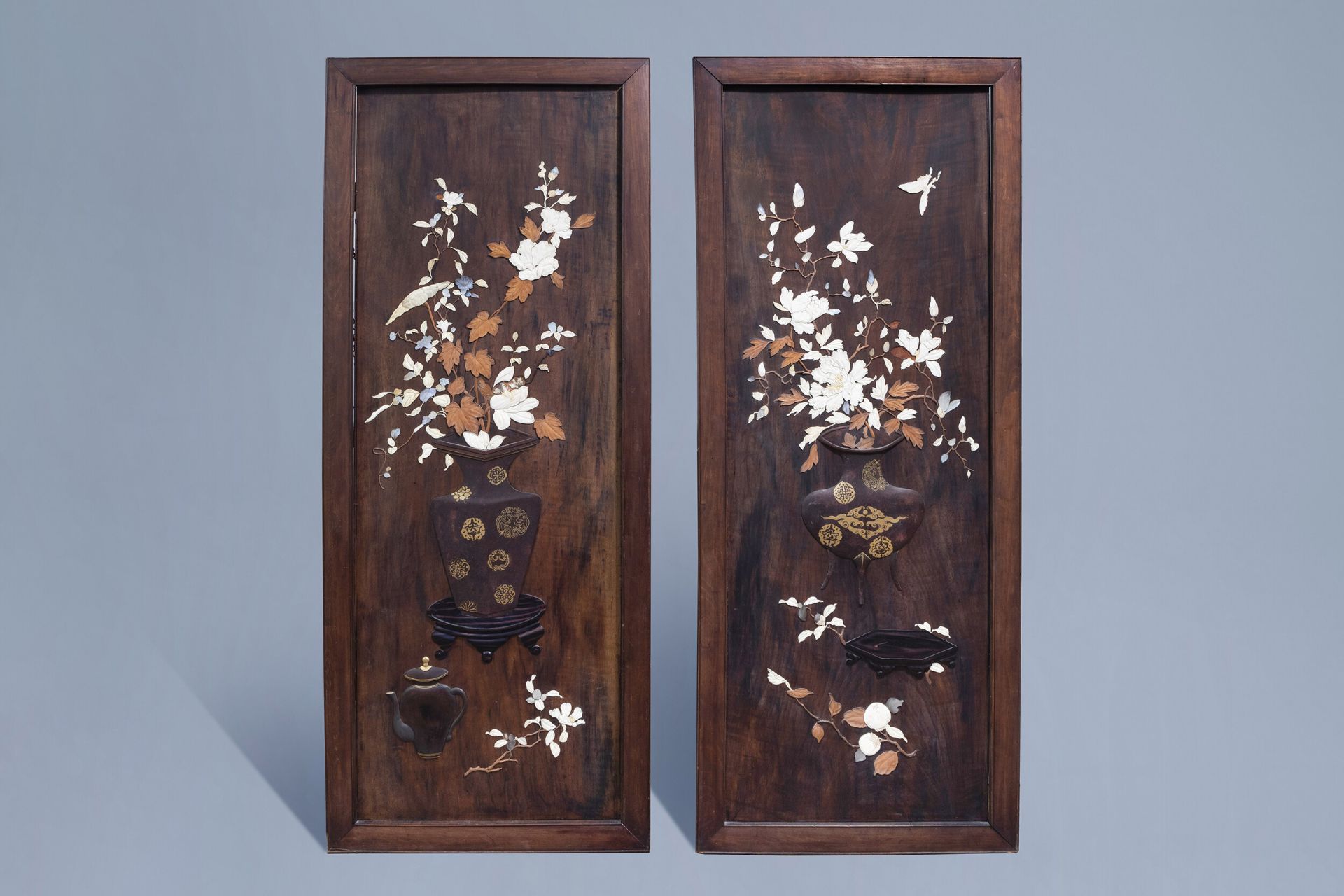 Two Japanese wooden panels with ivory, lacquer and mother-of-pearl inlay, Meiji, 19th C.