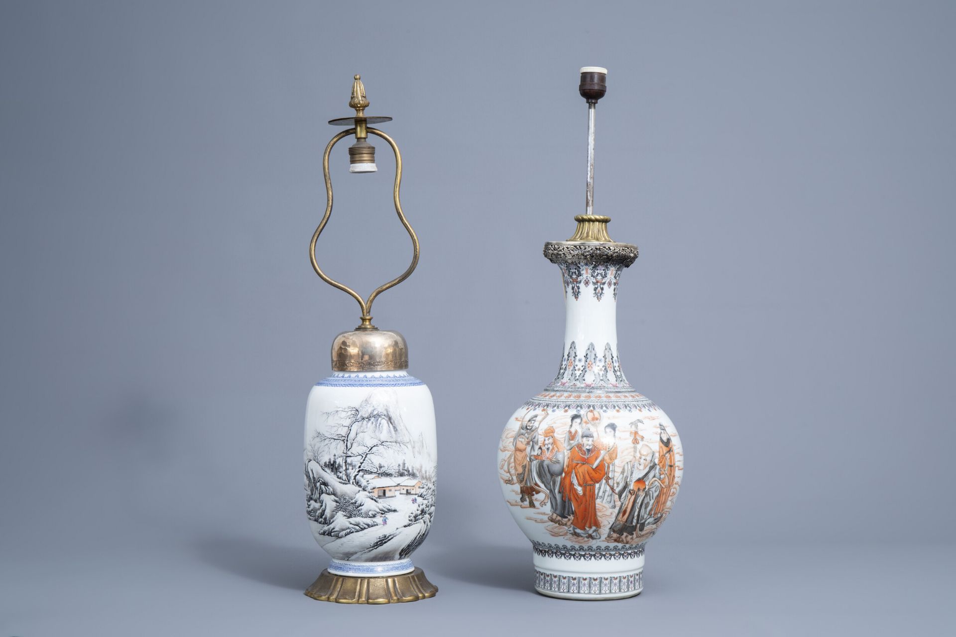 Two Chinese vases with immortals and a winter landscape mounted as lamps, 20th C.