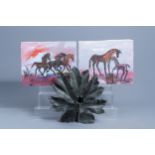 An Italian decorative metal flower candle holder and two horse paintings, 20th C.