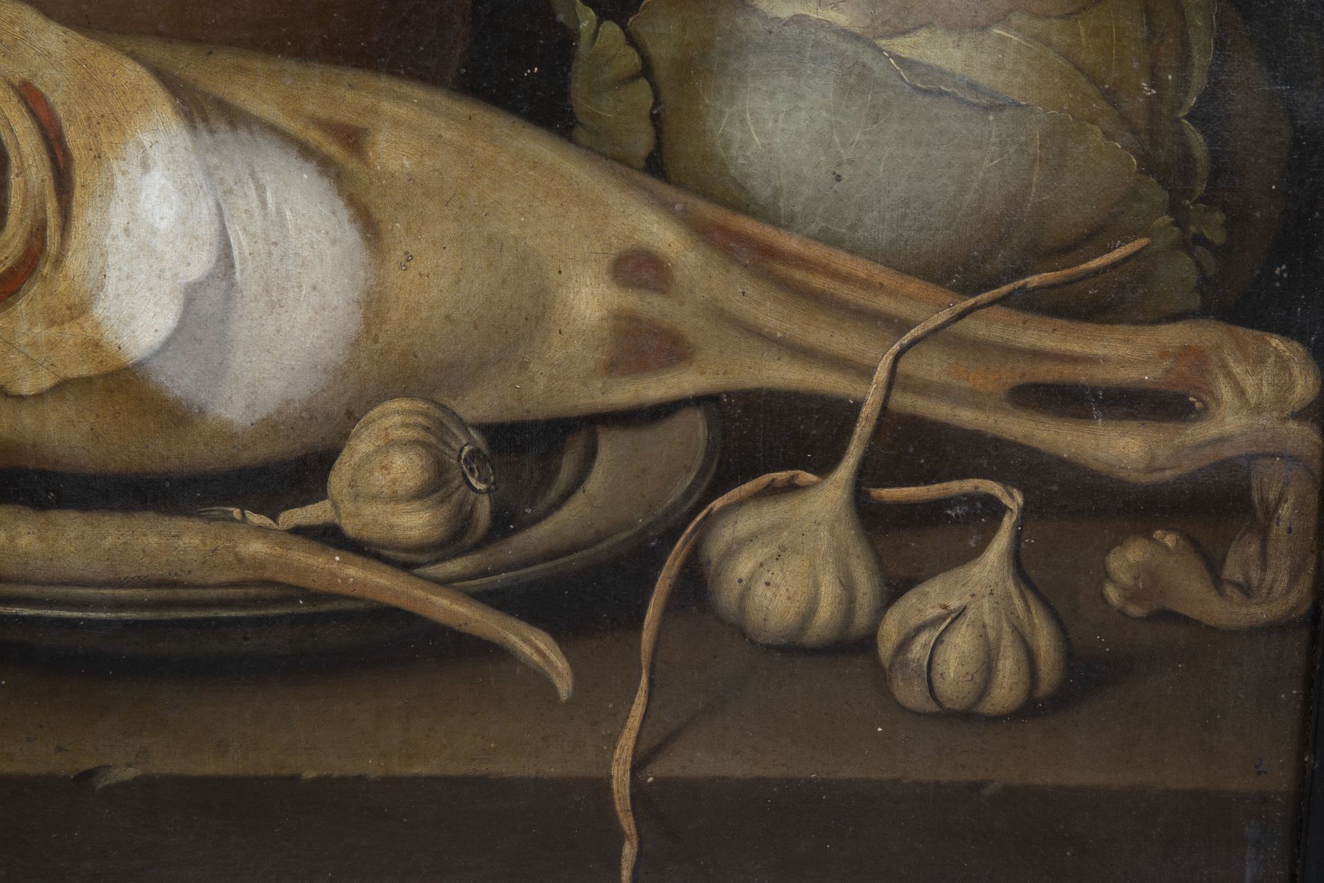 German school: Still life with fish, meat, vegetables and crockery, oil on canvas, 18th C. - Image 5 of 6