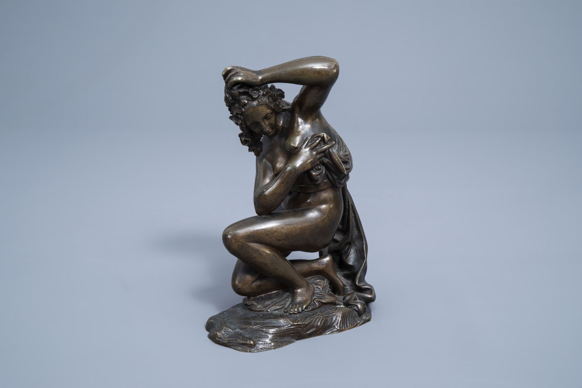 French school: Diana bathing, patinated bronze, 19th C.