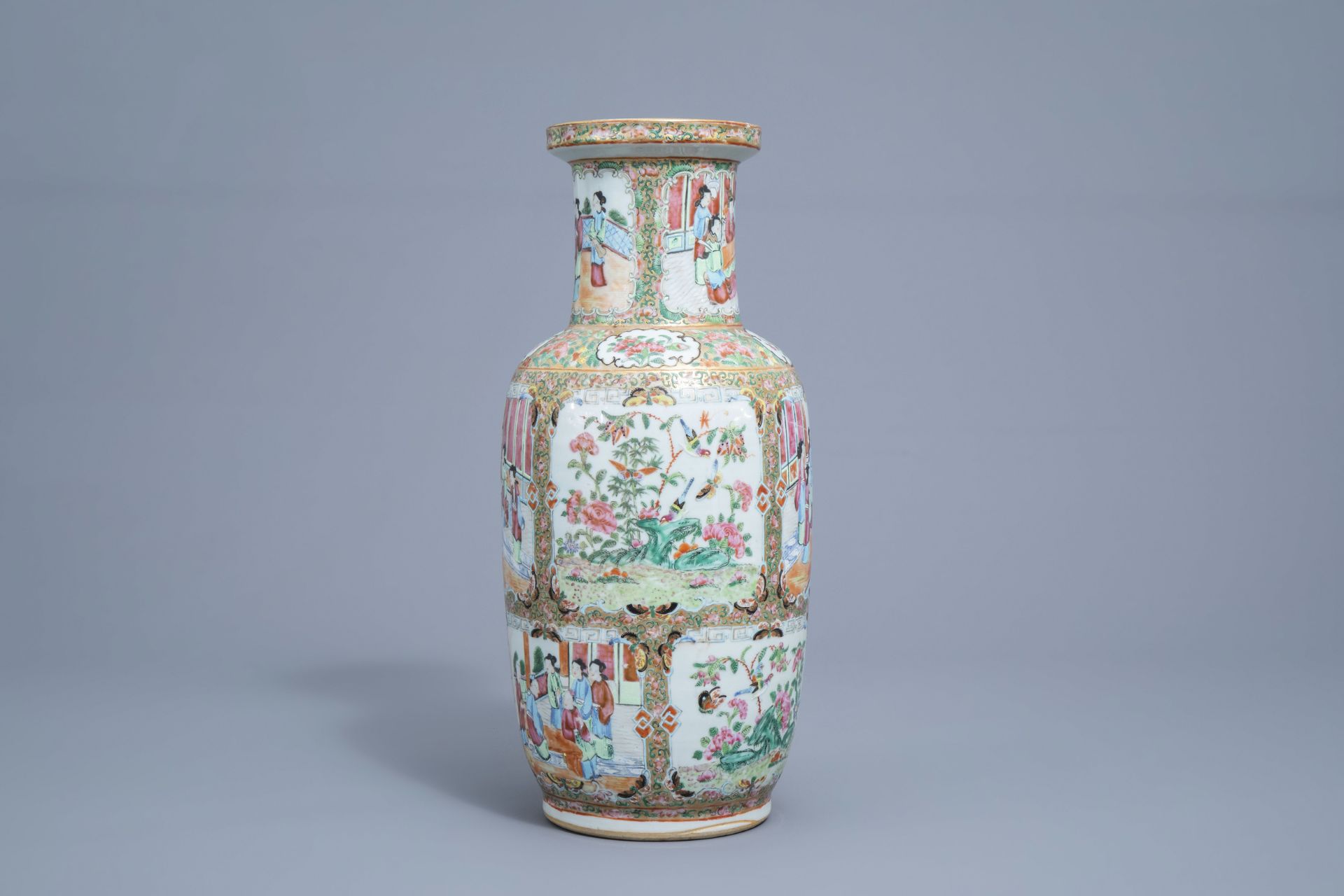 A Chinese Canton famille rose vase with floral design, 19th C. - Image 4 of 6