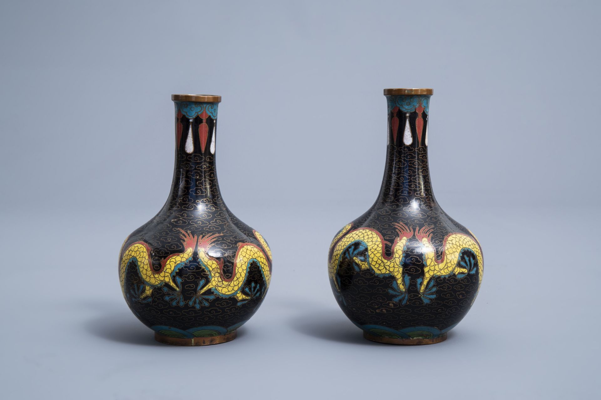 A Chinese cloisonne incense burner and two pairs of vases with dragon design, 20th C. - Image 16 of 19