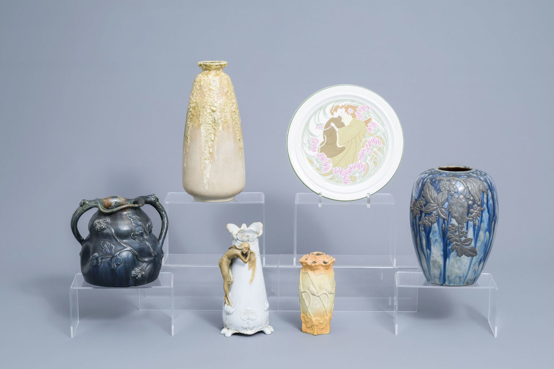 Five various polychrome decorated Art Nouveau vases and a LunŽville plate, various origins, 20th C.