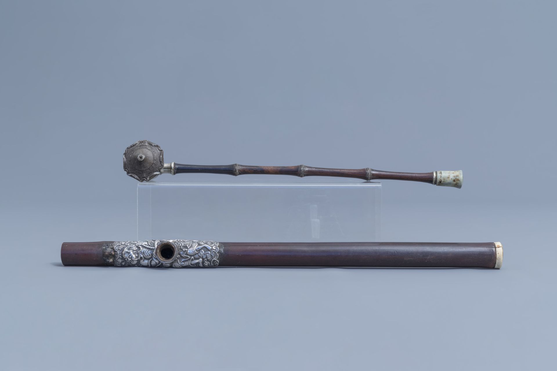 Two Chinese bamboo opium pipes finished with silver, jade, ivory and stoneware, 19th C. - Image 4 of 8