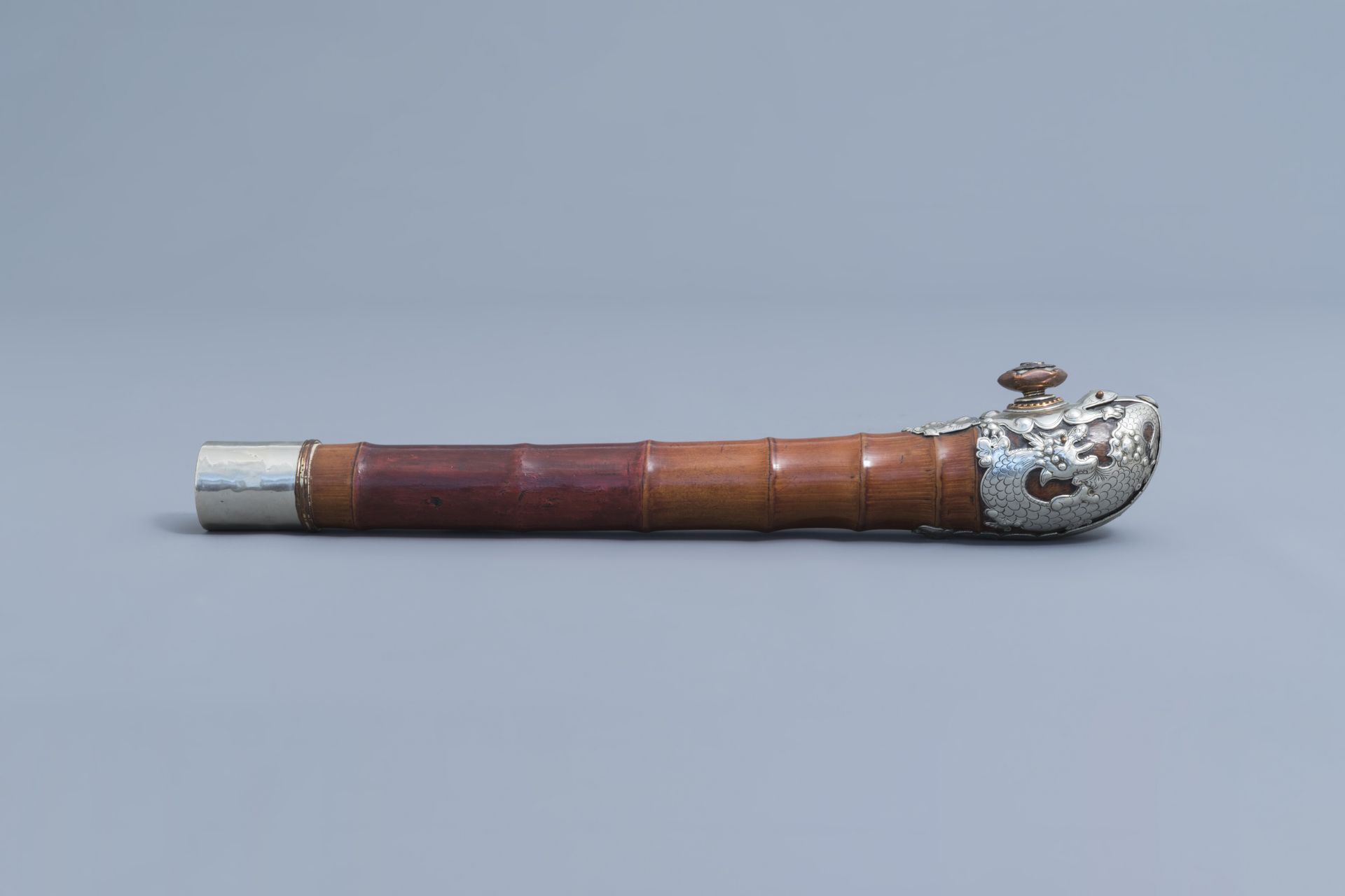 A Chinese bamboo silver and copper mounted opium pipe, 19th C. - Image 2 of 7