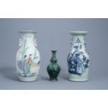 Three Chinese famille rose, blue, white and monochrome green vases, 19th/20th C.