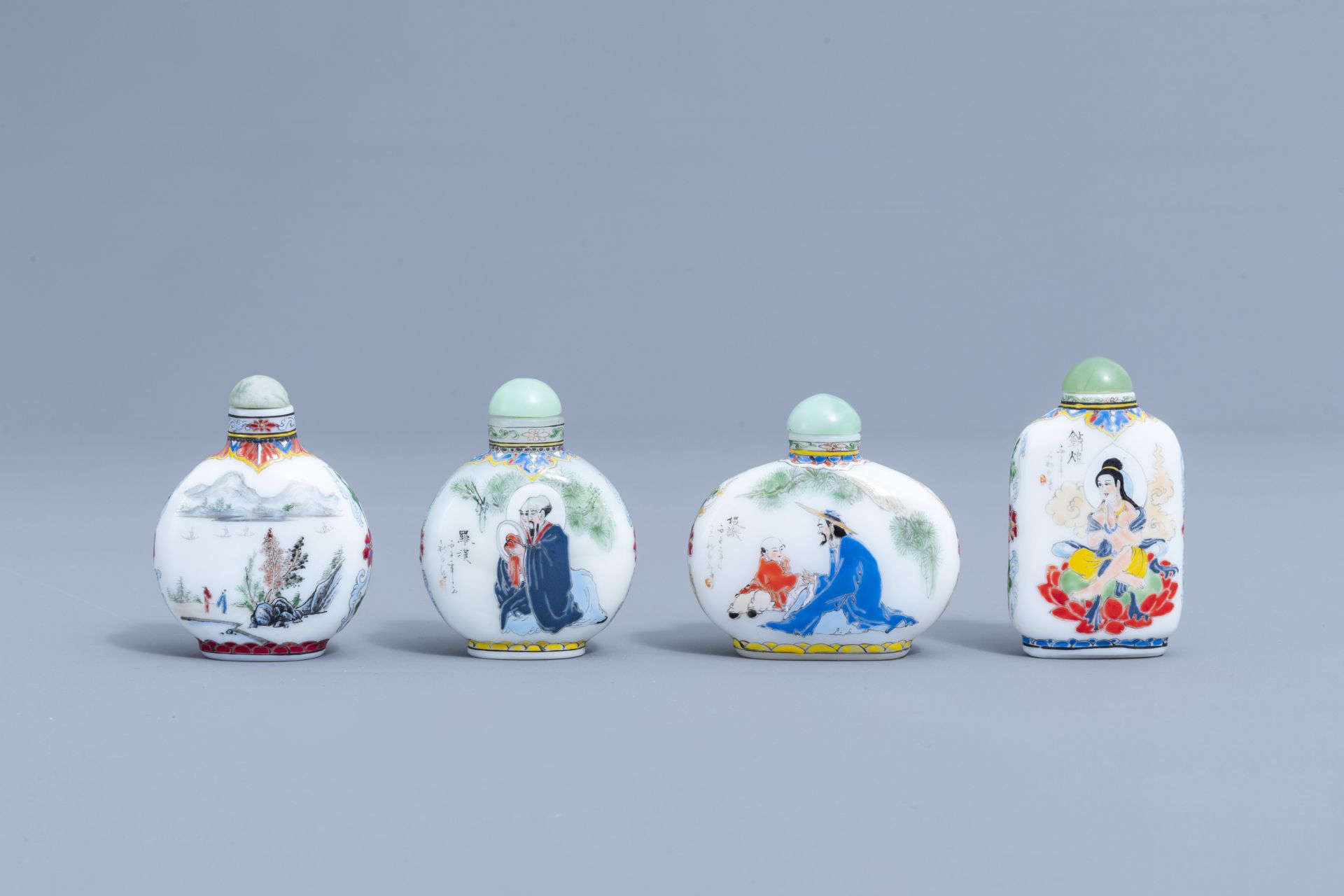 Two Chinese reverse-painted glass snuff bottles and four in enamelled glass, 20th C.