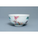 A fine Chinese famille rose bowl with figures in a river landscape, Qianlong mark, 20th C.