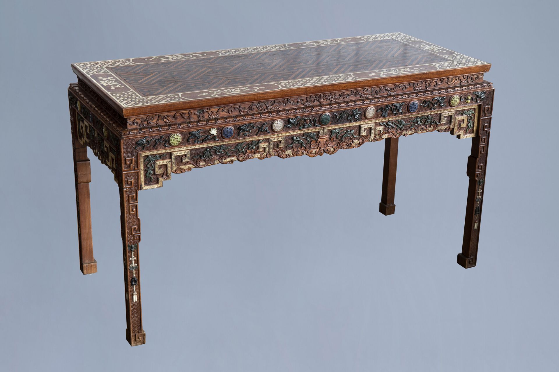 A Chinese bone and hardstone inlaid rectangular wooden table, 20th C.